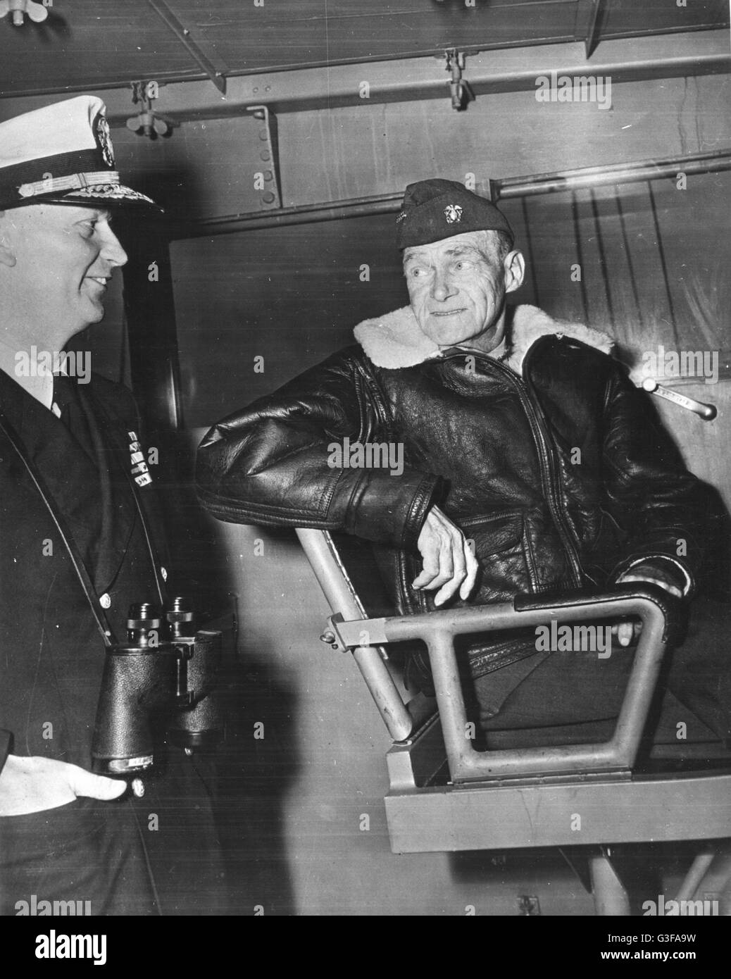 Admiral Marc A. Mitscher and Commodore Arleigh A. Burke, USN, aboard the USS F.D. ROOSEVELT. Stock Photo