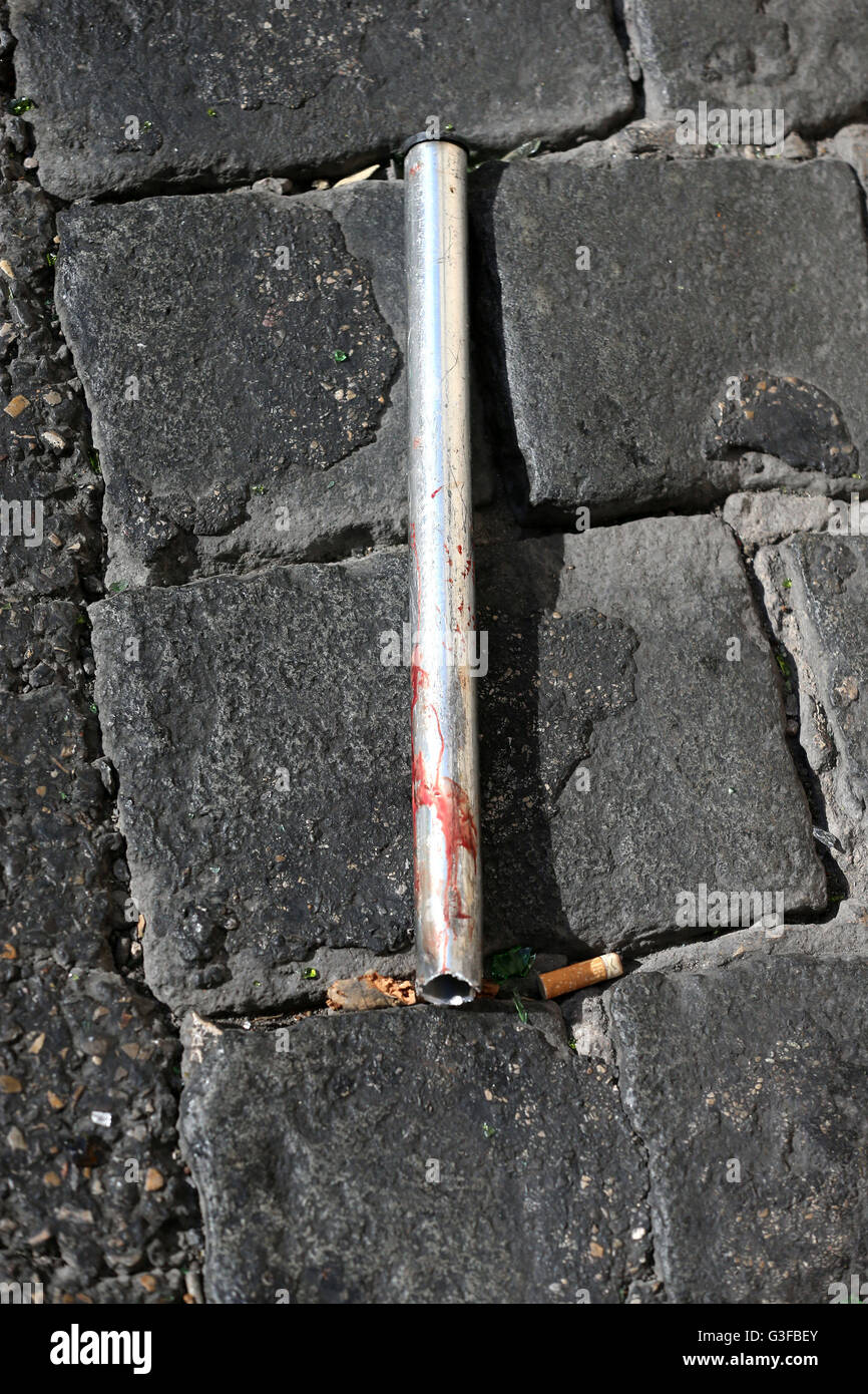 A blood splattered pole after football fans clashed ahead of the England vs Russia France Euro 2016 match, in Marseille, France. Stock Photo