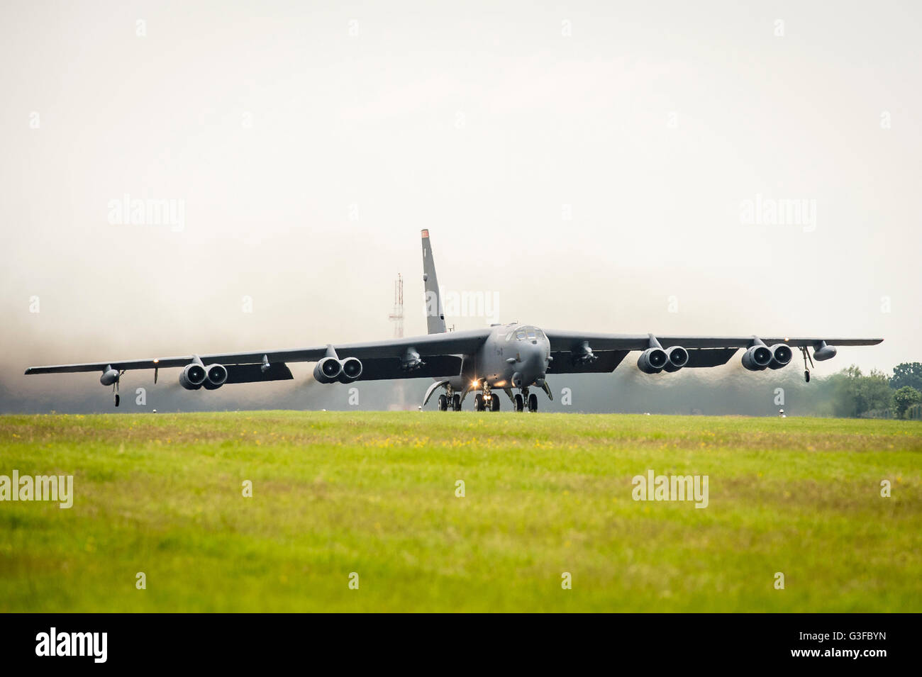 A United States Air Force (USAF) Boeing B-52H Stratofortress strategic bomber of the 23d Bomb Squadron, takes off from RAF Fairford airbase heading to Northern Europe on a NATO exercise, as part of a US Air Force Global Strike Command deployment to Fairford, for military training exercises. Stock Photo