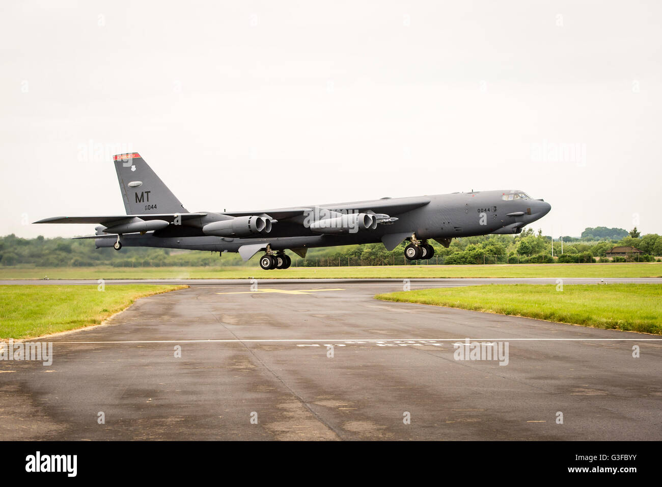 A United States Air Force (USAF) Boeing B-52H Stratofortress strategic bomber of the 23d Bomb Squadron, takes off from RAF Fairford airbase heading to Northern Europe on a NATO exercise, as part of a US Air Force Global Strike Command deployment to Fairford, for military training exercises. Stock Photo