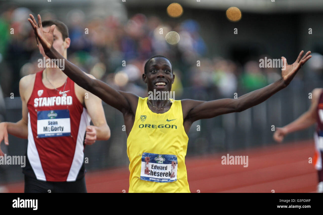 June 10, 2016 - EDWARD CHESEREK of Oregon celebrates winning the 5,000m at the NCAA Outdoor Track & Field Championships at Hayward Field in Eugene, OR, on June 10-11, 2016. Photo by David Blair © David Blair/ZUMA Wire/Alamy Live News Stock Photo