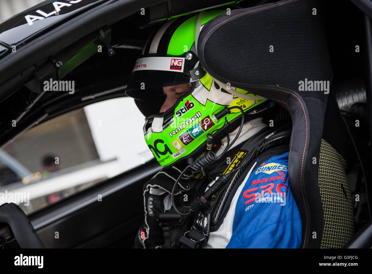 Northamptonshire, UK. 11th June, 2016.  Rob Bell in his Black Bull Ecurie Ecosse McLaren 650S GT3 ready to go out for free practise. Credit:  steven roe/Alamy Live News Stock Photo