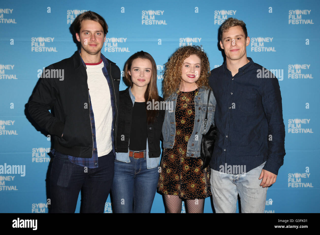 Sydney, Australia. 11 June 2016. As part of the Sydney Film Festival, celebrities arrived on the red carpet for the world premiere of Teenage Kicks at Event Cinemas, George Street. Pictured, L-R: Isaac Brown (actor – Home & Away), Philippa Northeast (actress – Home & Away), Gracie Gilbert (actress – Love Child) and Scott Lee (actor – Home & Away). Credit:  Richard Milnes/Alamy Live News Stock Photo