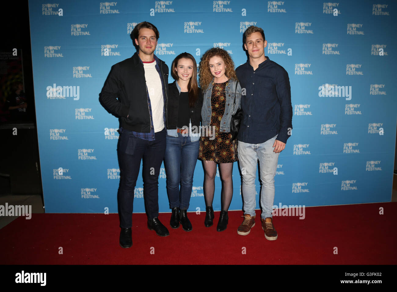 Sydney, Australia. 11 June 2016. As part of the Sydney Film Festival, celebrities arrived on the red carpet for the world premiere of Teenage Kicks at Event Cinemas, George Street. Pictured, L-R: Isaac Brown (actor – Home & Away), Philippa Northeast (actress – Home & Away), Gracie Gilbert (actress – Love Child) and Scott Lee (actor – Home & Away). Credit:  Richard Milnes/Alamy Live News Stock Photo