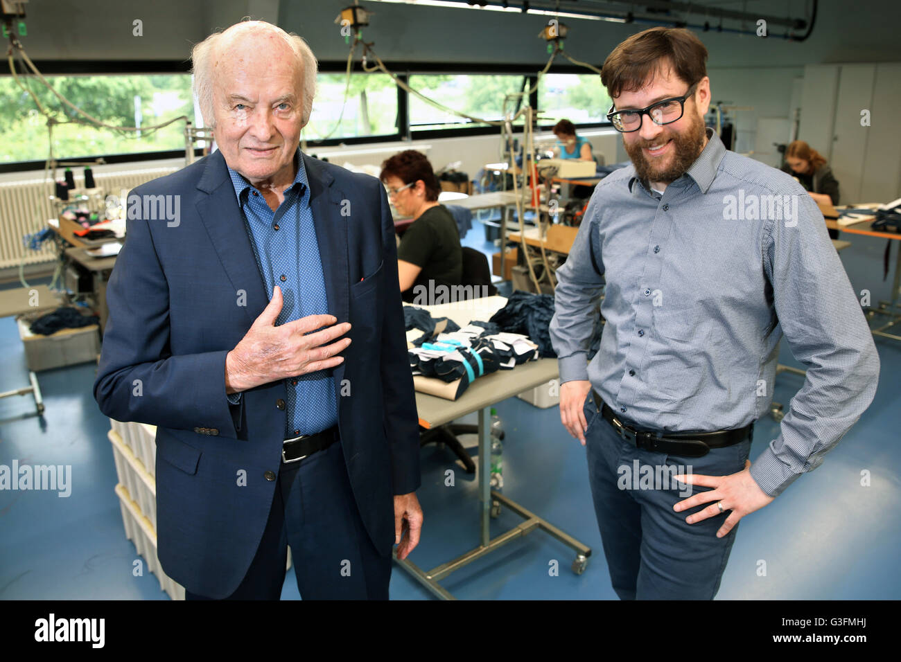 Wolfgang Jasnner, founder and CEO of Bruno Banani Underwear GmbH, and his  son Jan, second CEO, stand in the company's production hall in Chemnitz,  Germany, 3 June 2016. Jassner senior turns 75
