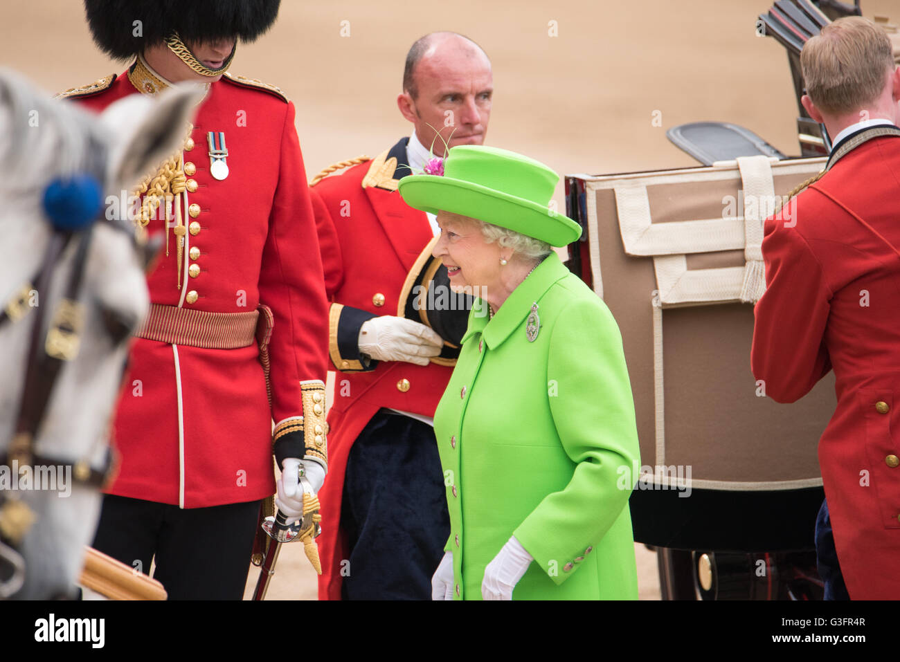 London, UK. 11th June, 2016.  HM The Queen   at the Queens Birthday parade Credit:  Ian Davidson/Alamy Live News Stock Photo