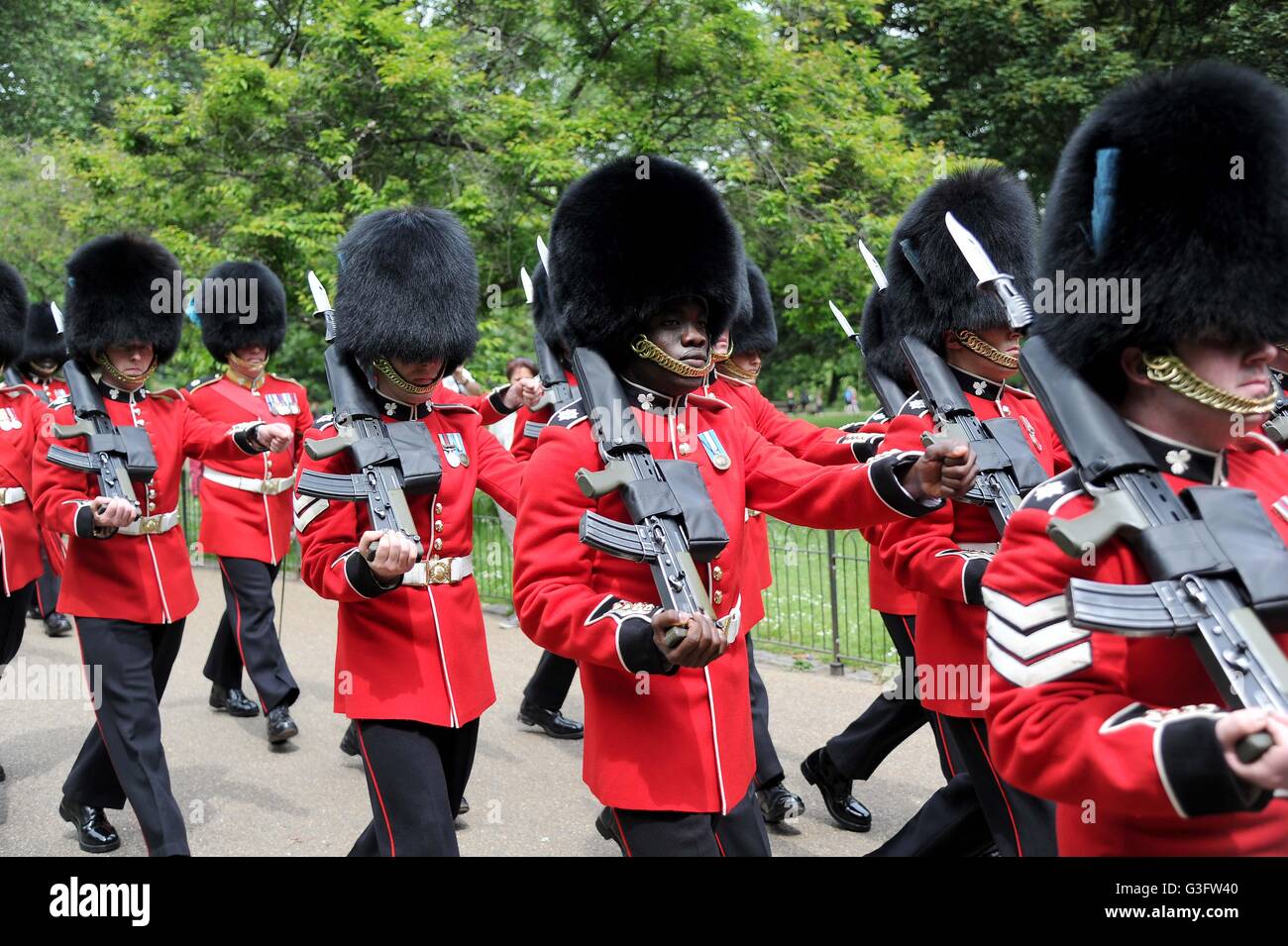 Guardsmen march through St James's Park in London, Britain, UK, "Royal