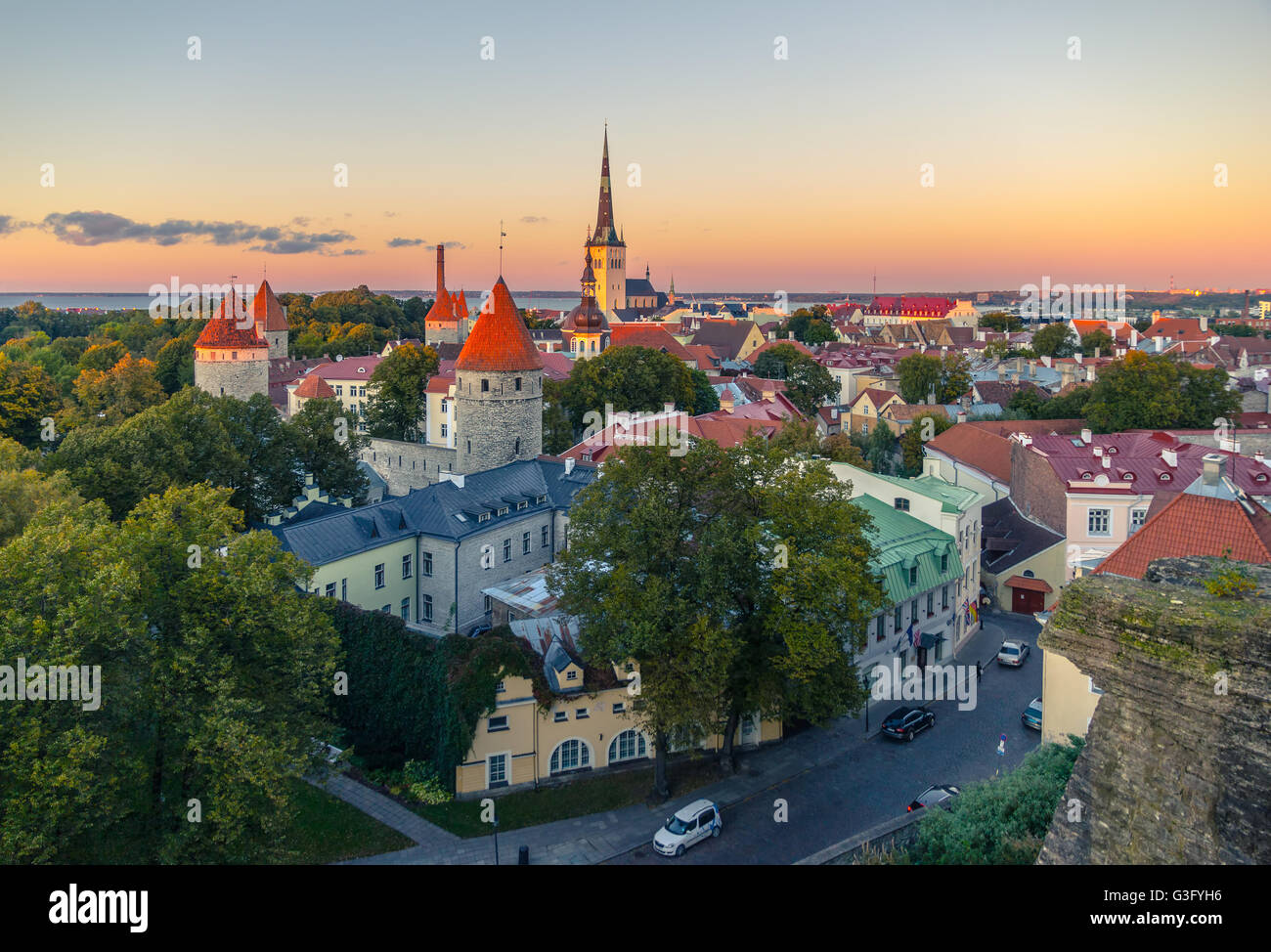 The streets of the old town of Tallinn at sunset in October Stock Photo