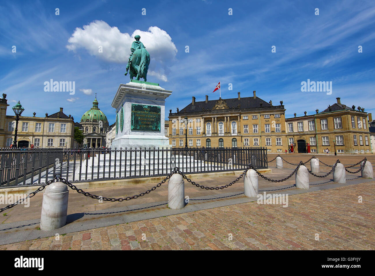 Statue of King Frederik V at the Amalienborg Palace in Amalienborg Square in Copenhagen, Denmark Stock Photo