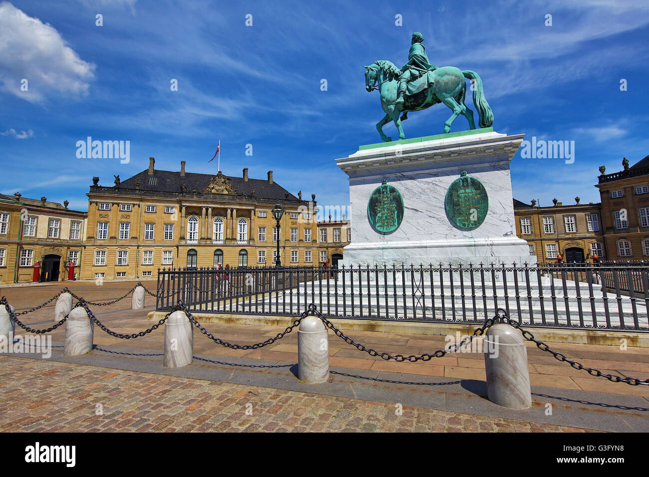 Statue of King Frederik V at the Amalienborg Palace in Amalienborg Square in Copenhagen, Denmark Stock Photo