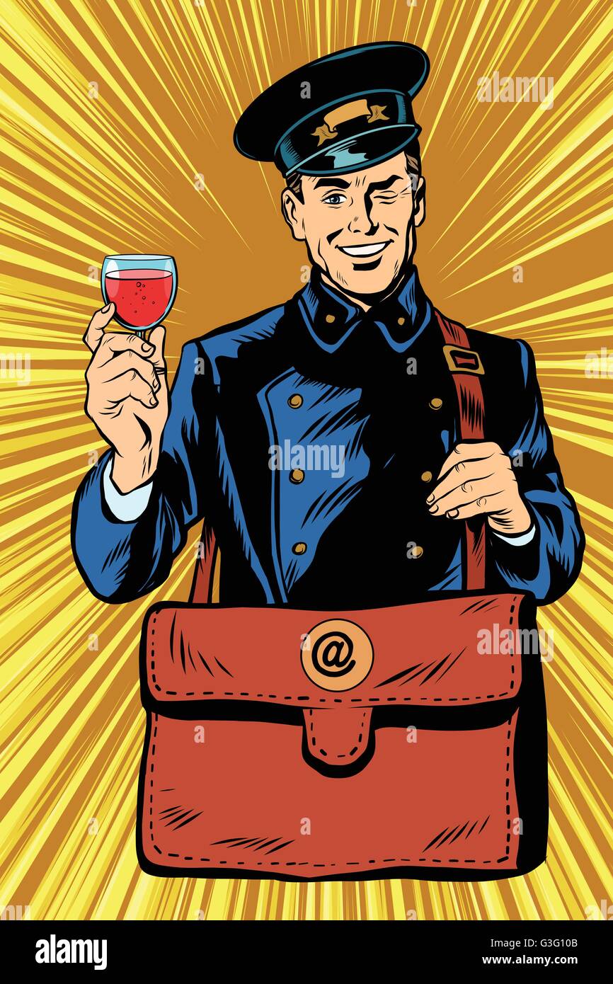 Smiling retro postman with a greeting glass of wine Stock Vector