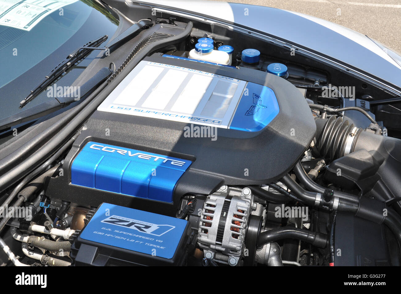 The 6.2 Liter LS9 Supercharged Corvette Engine in a ZR1 Corvette. Stock Photo