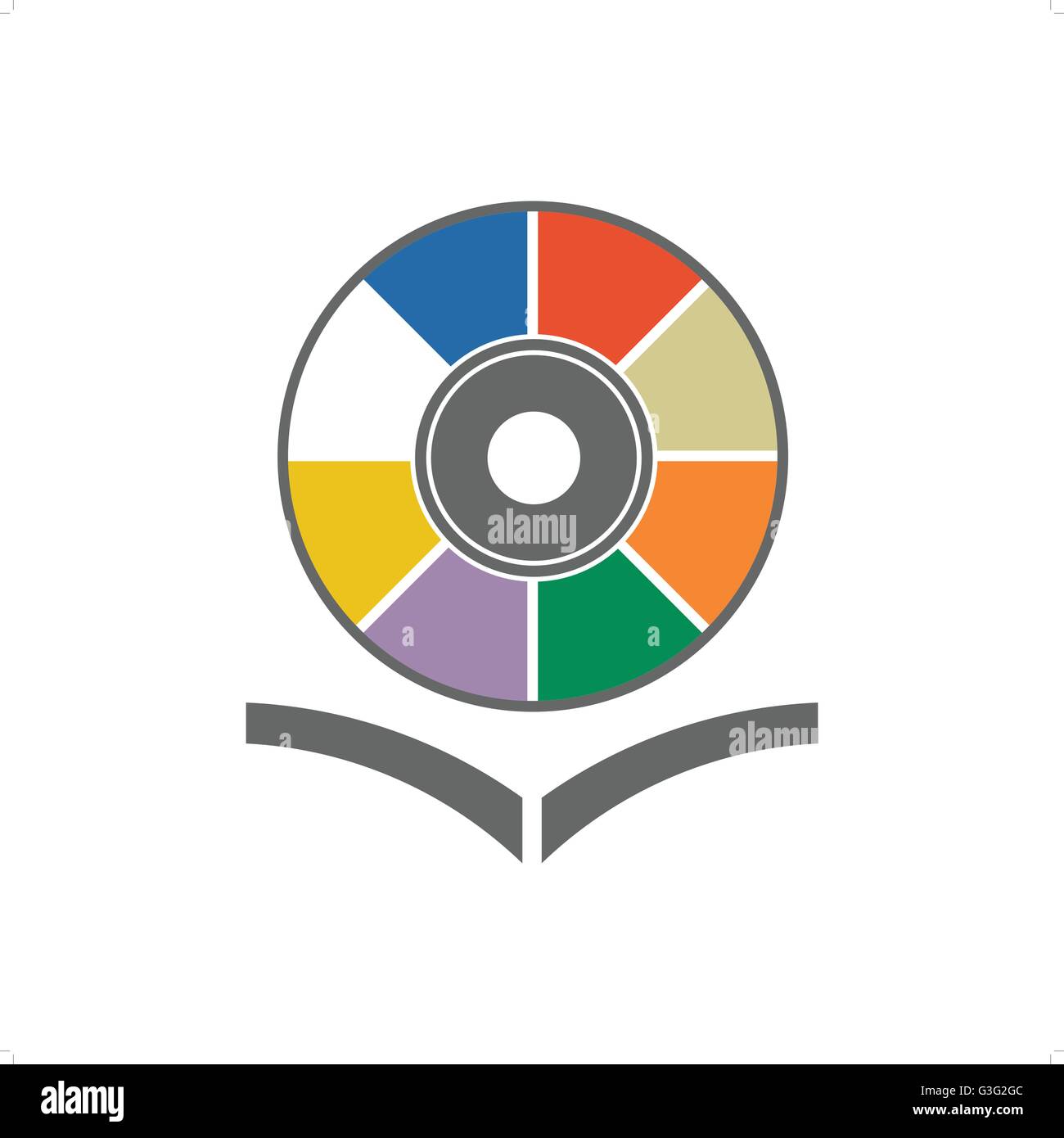 Music library with colored cd disc and open book vector illustration isolated on white background. Stock Vector