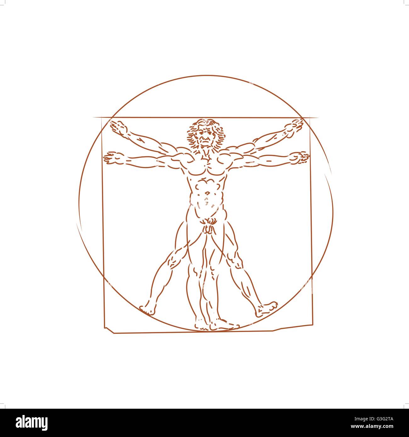 The Vitruvian man detailed drawing on the basis of artwork by Leonardo da Vinci (executed circa in 1490) by ancient manuscript o Stock Vector