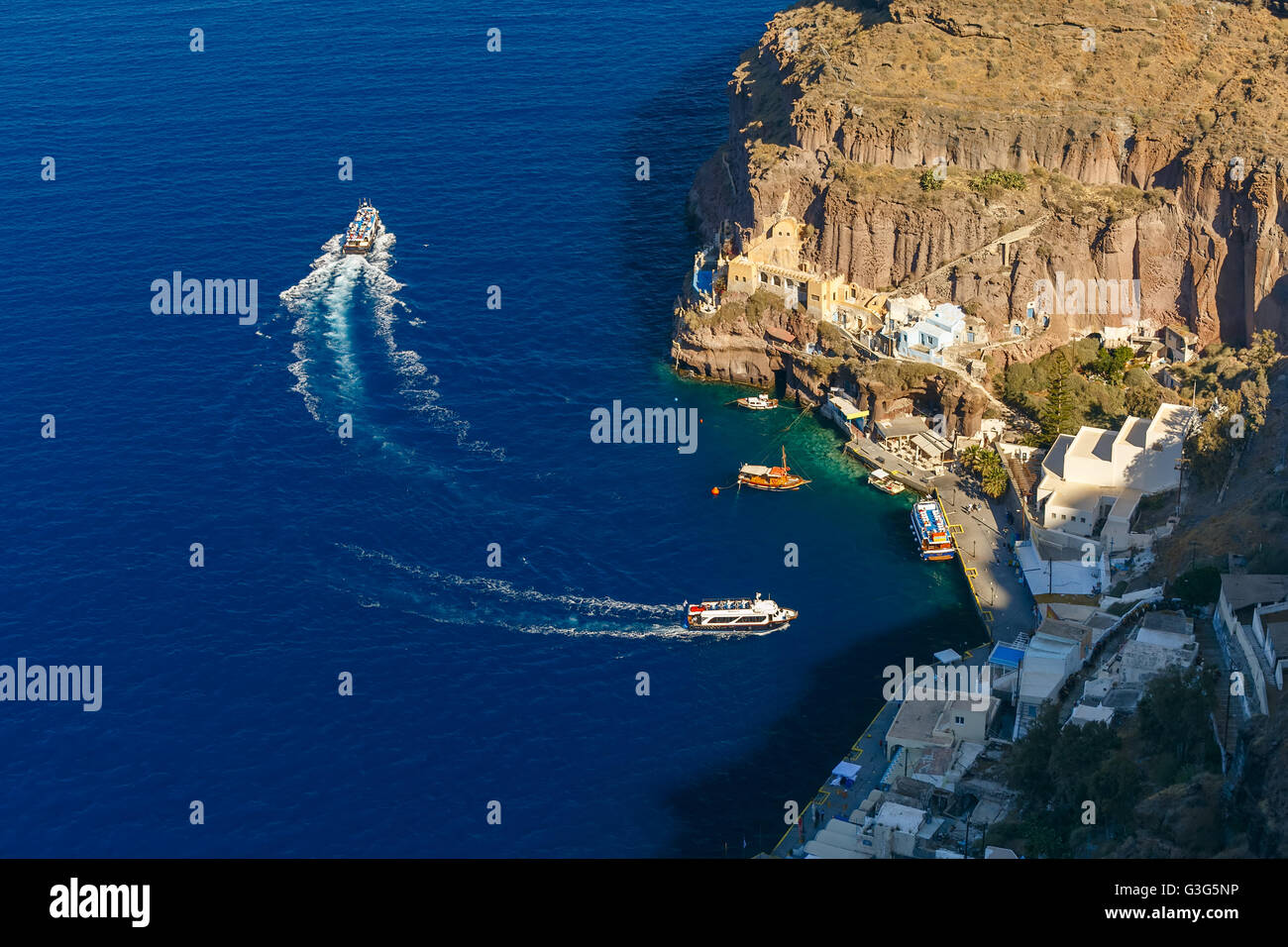 Old Port of Fira, main town Santorini, Greece Stock Photo