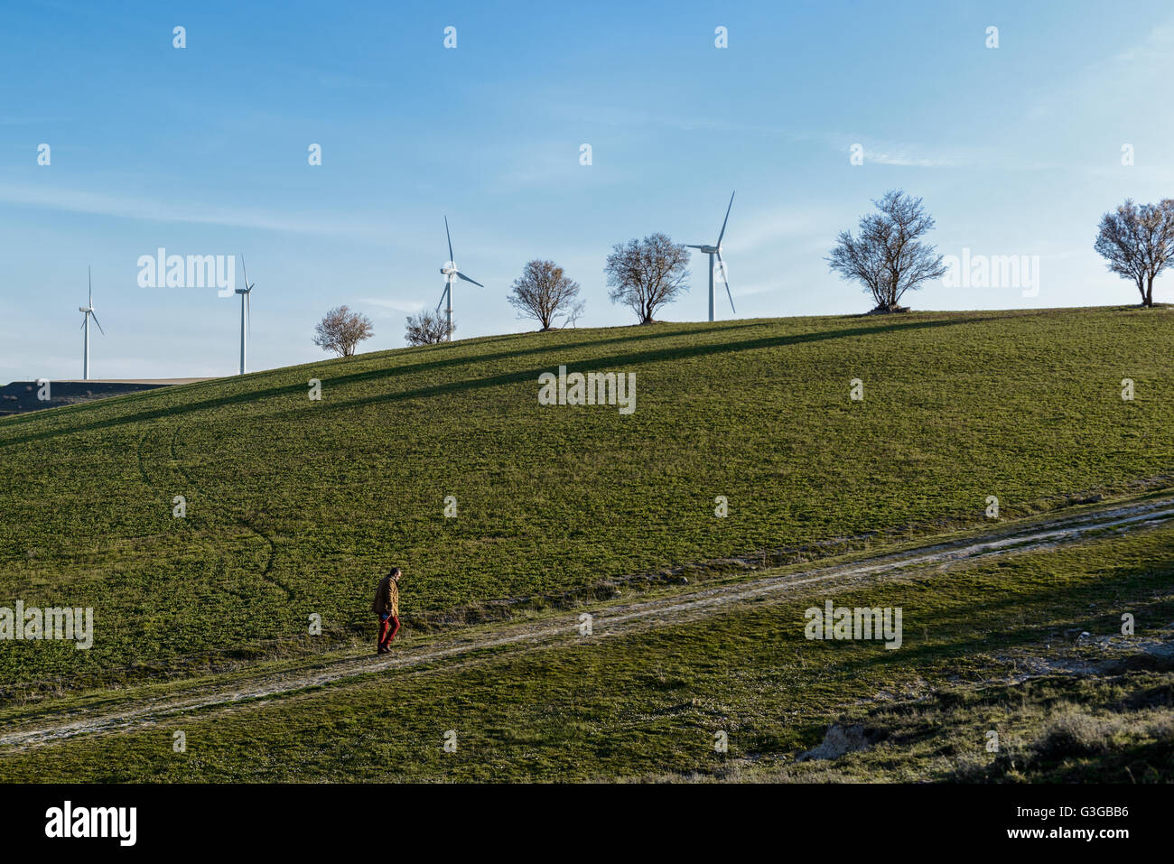 Man walking alone in the countryside with wind mills wind in the background, Ampudia, Palencia, Castilla y Leon, Spain Stock Photo
