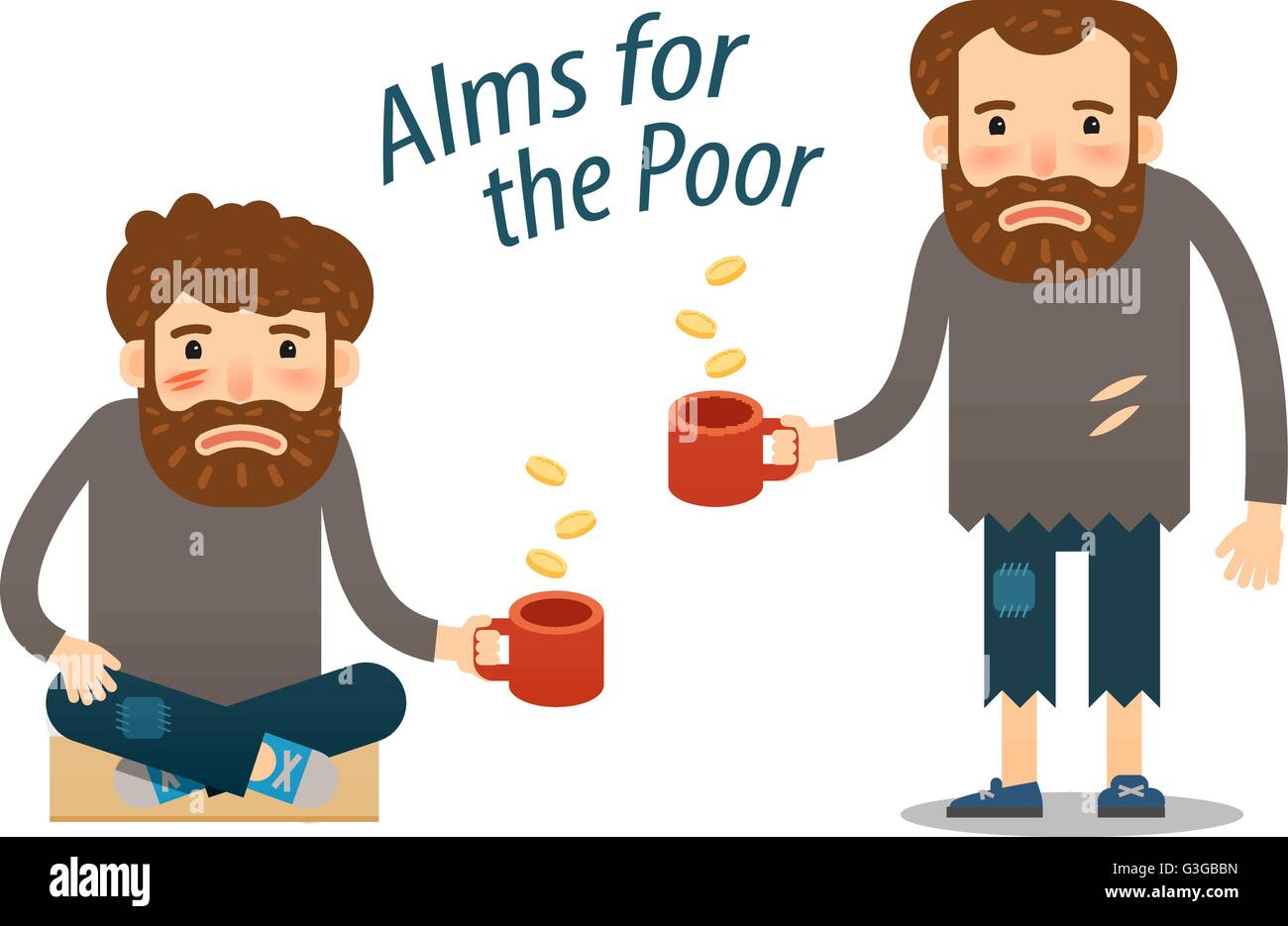 street beggar. hungry man asks for money with a mug in hand. Stock Vector
