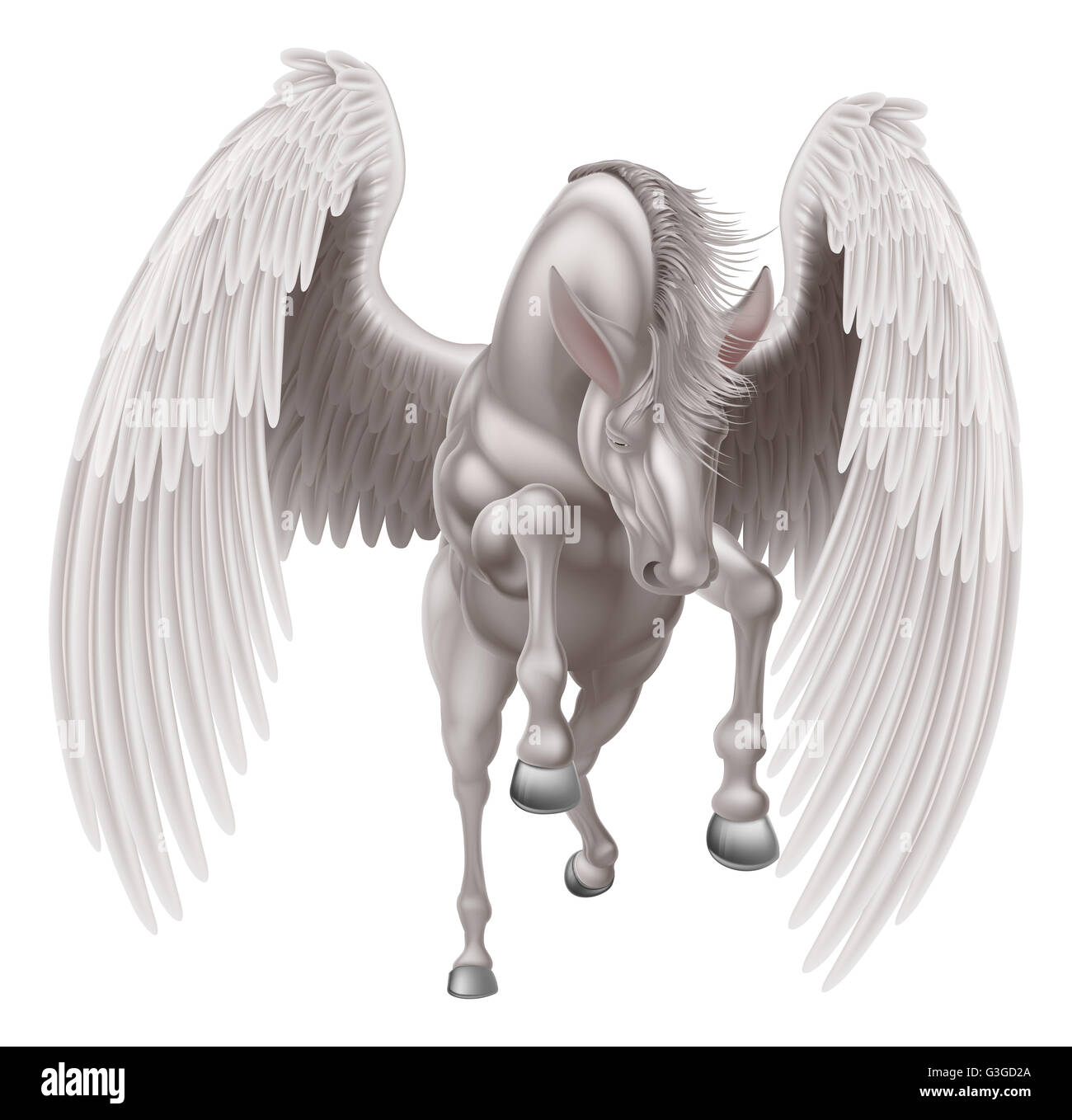 An illustration of a white pegasus mythological winged horse rearing on its hind legs or running