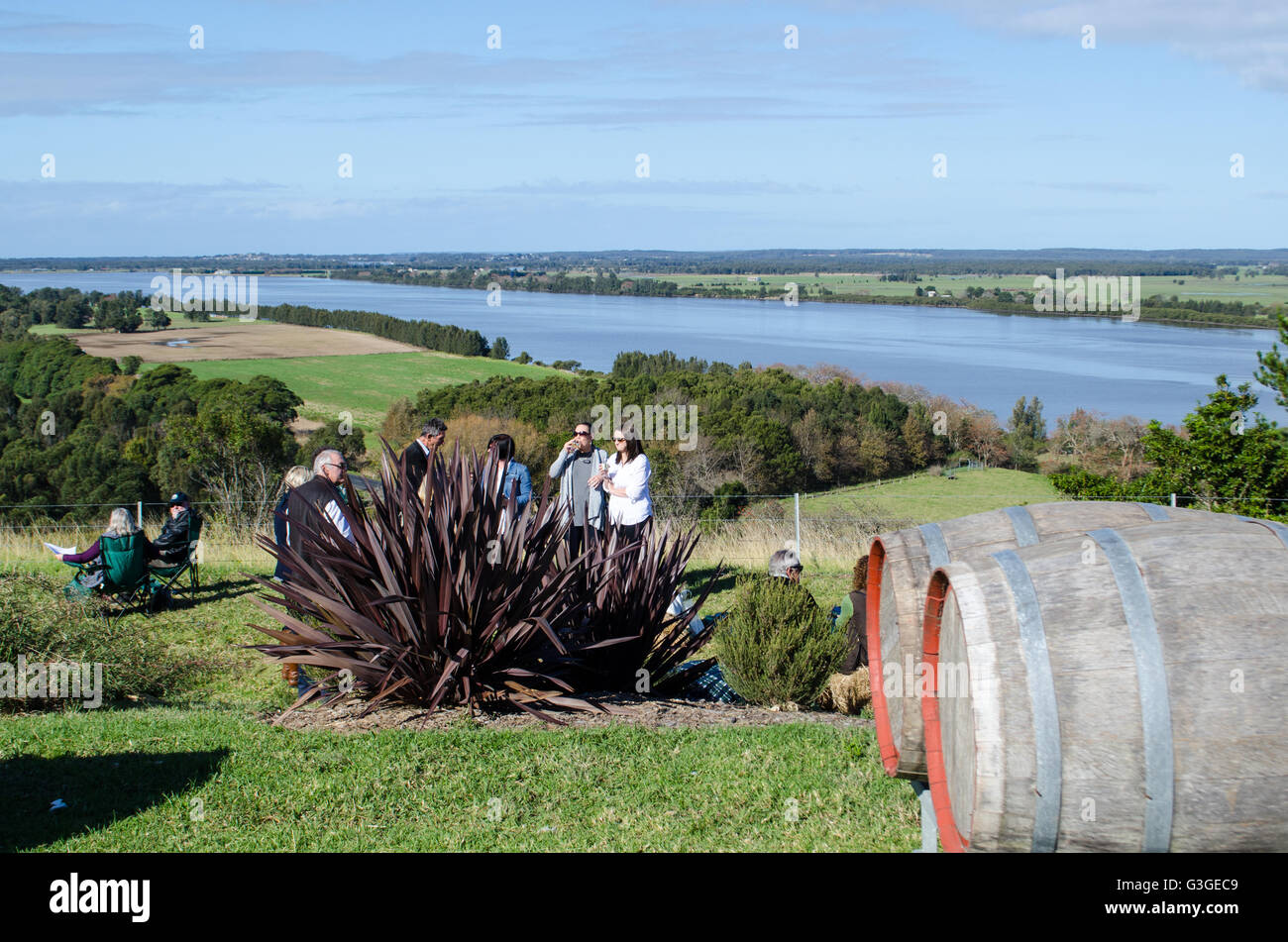 Shoalhaven coast winter wine festival with the Shoalhaven river in the background Stock Photo