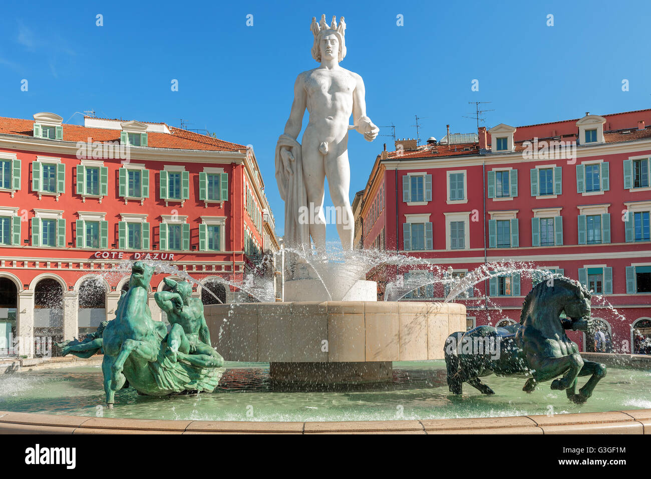 Fountain of the Sun (Fontaine du Soleil) on Place Massena in Nice, France. Stock Photo