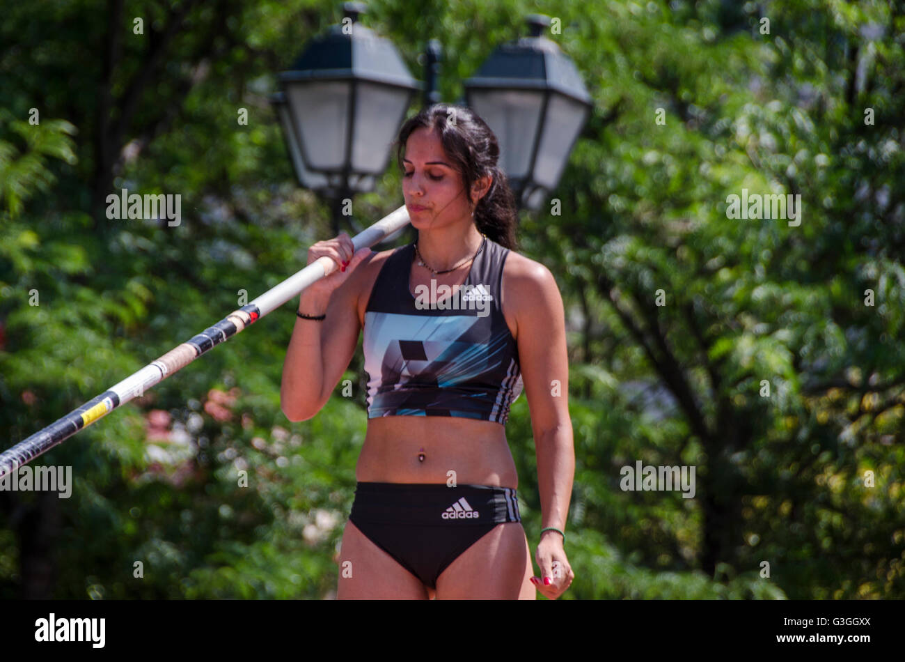 Pole Vaulter Ledaki Stiliani-Iro getting ready for her jump.SEGAS (Hellenic  Amateur Athletic Association) organised the 4th Athens Pole Vault Event in  Syntagma Square giving the chance to people to see the sport