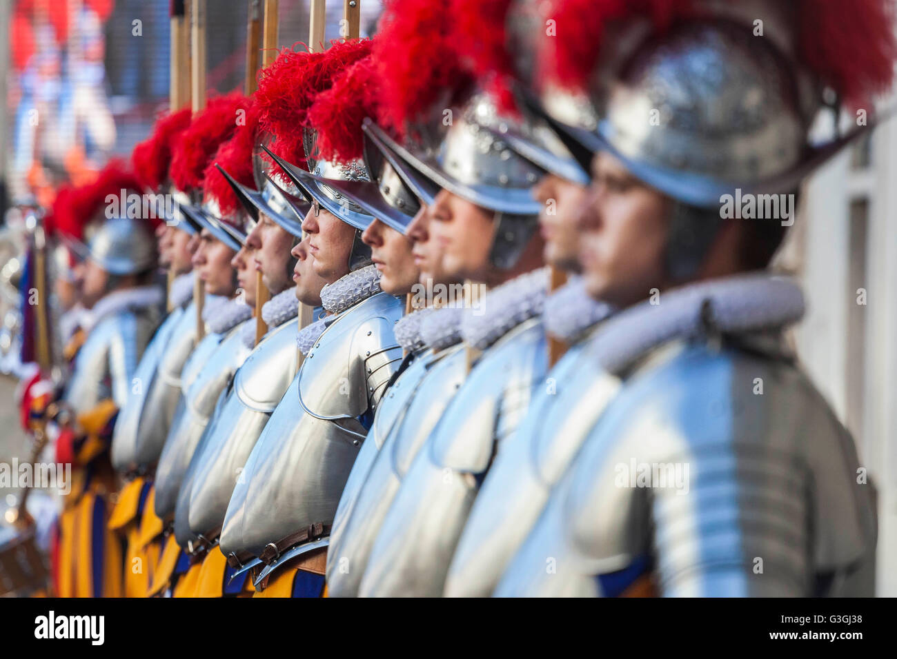 Swiss Guards take part in a swearing-in ceremony   in San Damaso Courtyard. The annual swearing-in ceremony for the new papal Swiss Guards takes place on May 6, commemorating the 147 who died defending Pope Clement VII on the same day in 1527 during the sack of Rome. (Photo by Giuseppe Ciccia / Pacific Press) Stock Photo