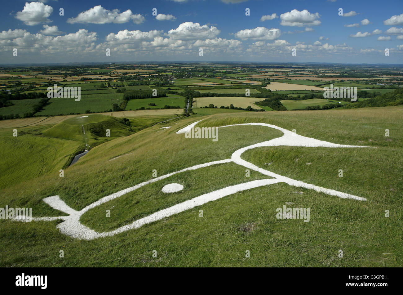 Uffington White Horse on the Berkshire Downs looking north across Vale of White Horse. Bronze age chalk horse circa 1000 BC Stock Photo