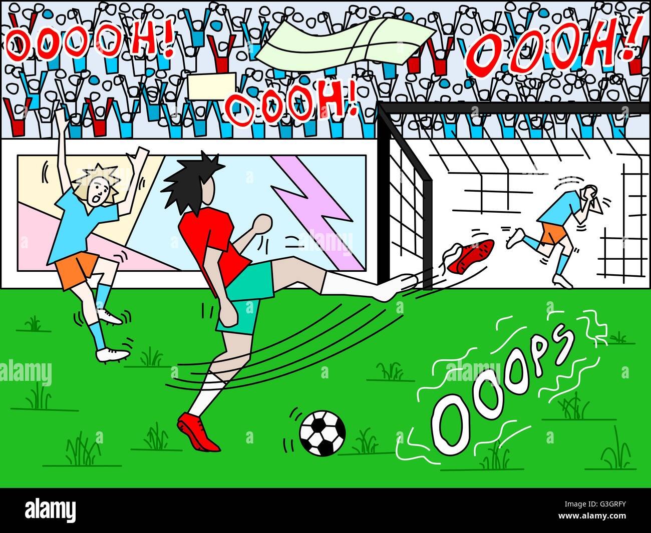 Comic illustration of a funny scene in a soccer game with player losing his football boot and crowd yelling Stock Vector