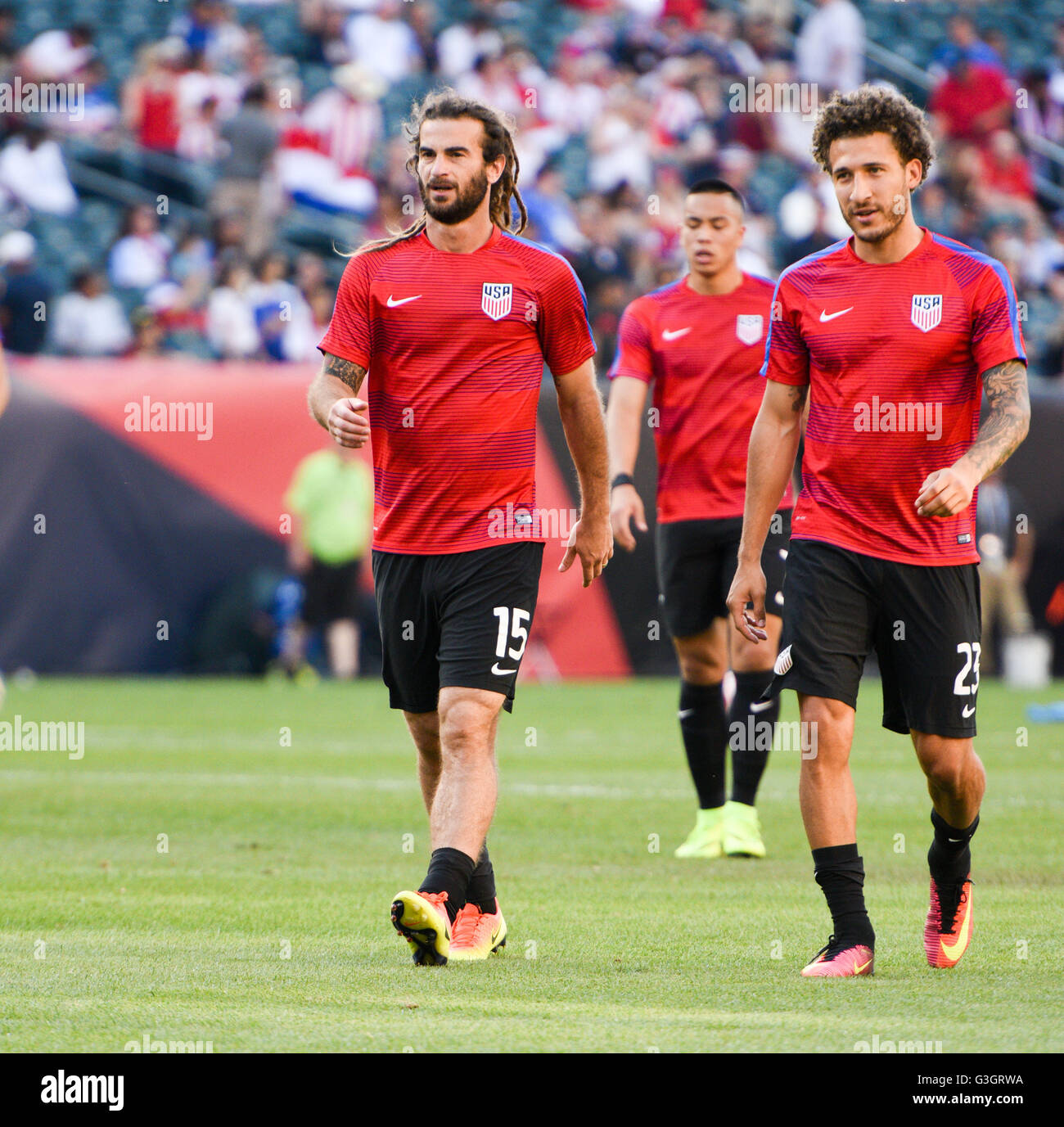 Philadelphia, Pennsylvania, USA. 11th June, 2016. KYLE BECKMAN and FABIAN JOHNSON walk off of the pitch after warming up of the USA during the Copa America match played at Lincoln Financial Field in Philadelphia Pa © Ricky Fitchett/ZUMA Wire/Alamy Live News Stock Photo