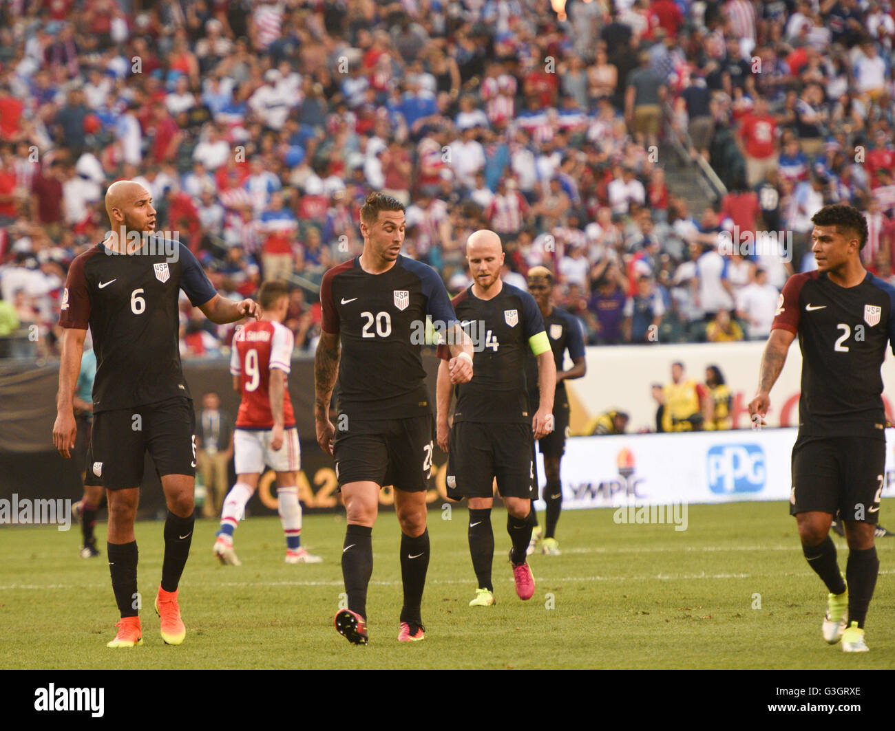 Philadelphia, Pennsylvania, USA. 11th June, 2016. JON BROOKS, GEOFF CAMERON, MICHAEL BRADLEY and DEANDRE YEDLIN of the USA walk off of the pitch during the Copa America match played at Lincoln Financial Field in Philadelphia Pa © Ricky Fitchett/ZUMA Wire/Alamy Live News Stock Photo