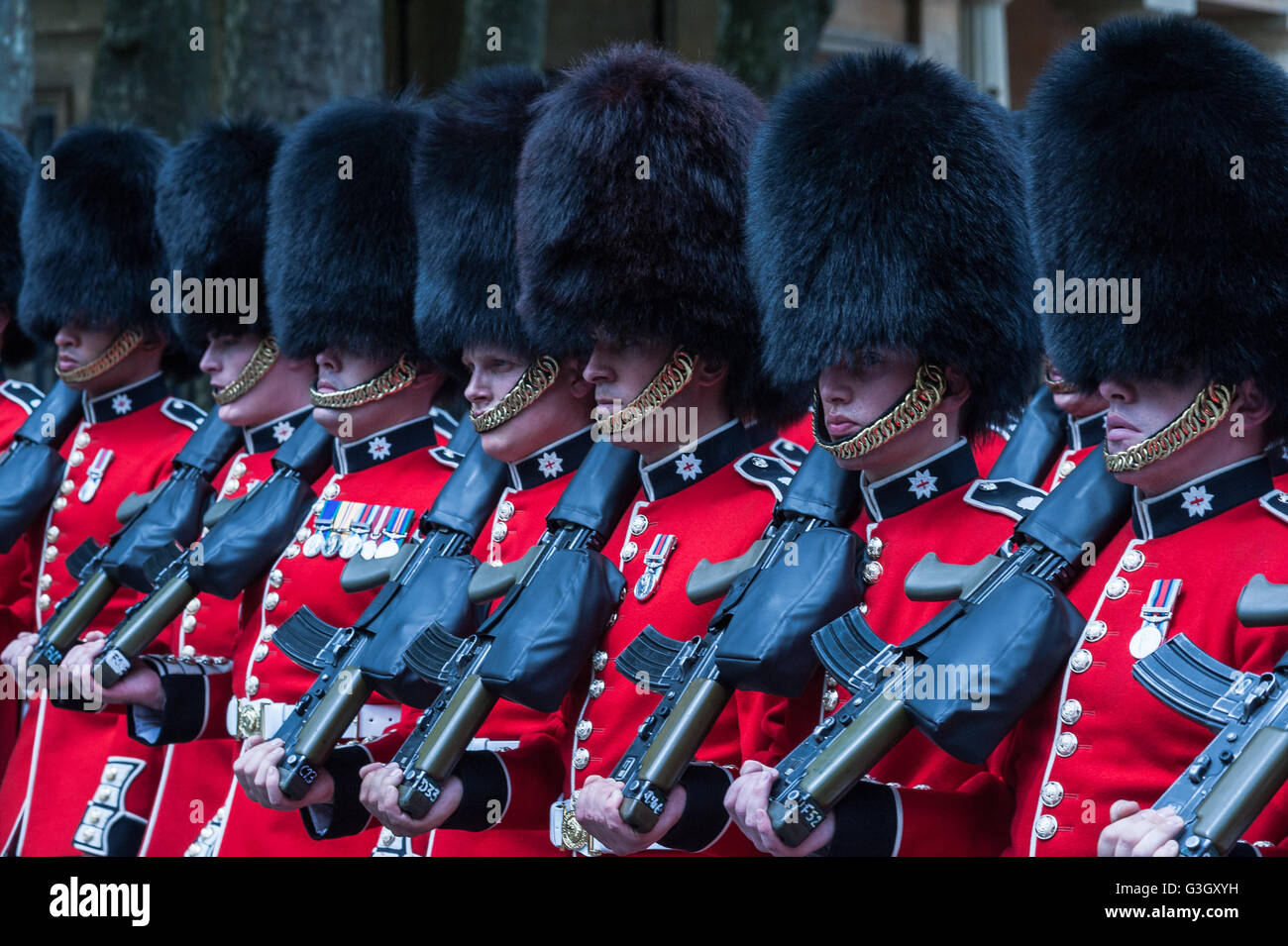 London, UK. 11th June 2016. The Foot Guards march by the Buckingham Palace during the annual Queen's Birthday Parade. Wiktor Szymanowicz/Alamy Live News Stock Photo
