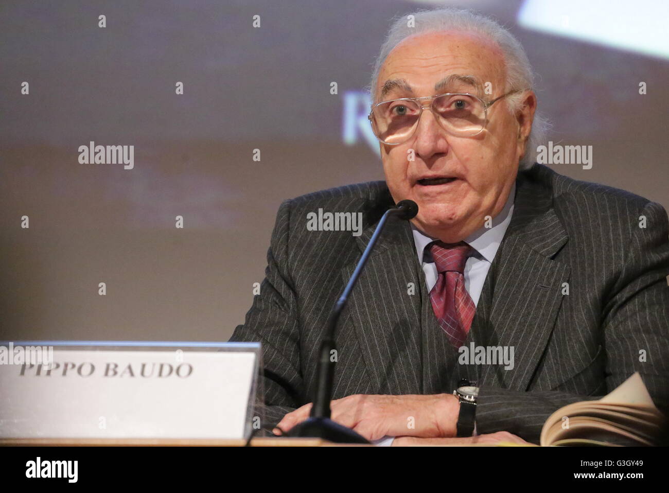 Turin, Italy. 14th May, 2016. The Italian television presenters Pippo Baudo during the presentation of the book by Walter Veltroni 'Ciao' at International Book Fair. © Massimiliano Ferraro/Pacific Press/Alamy Live News Stock Photo