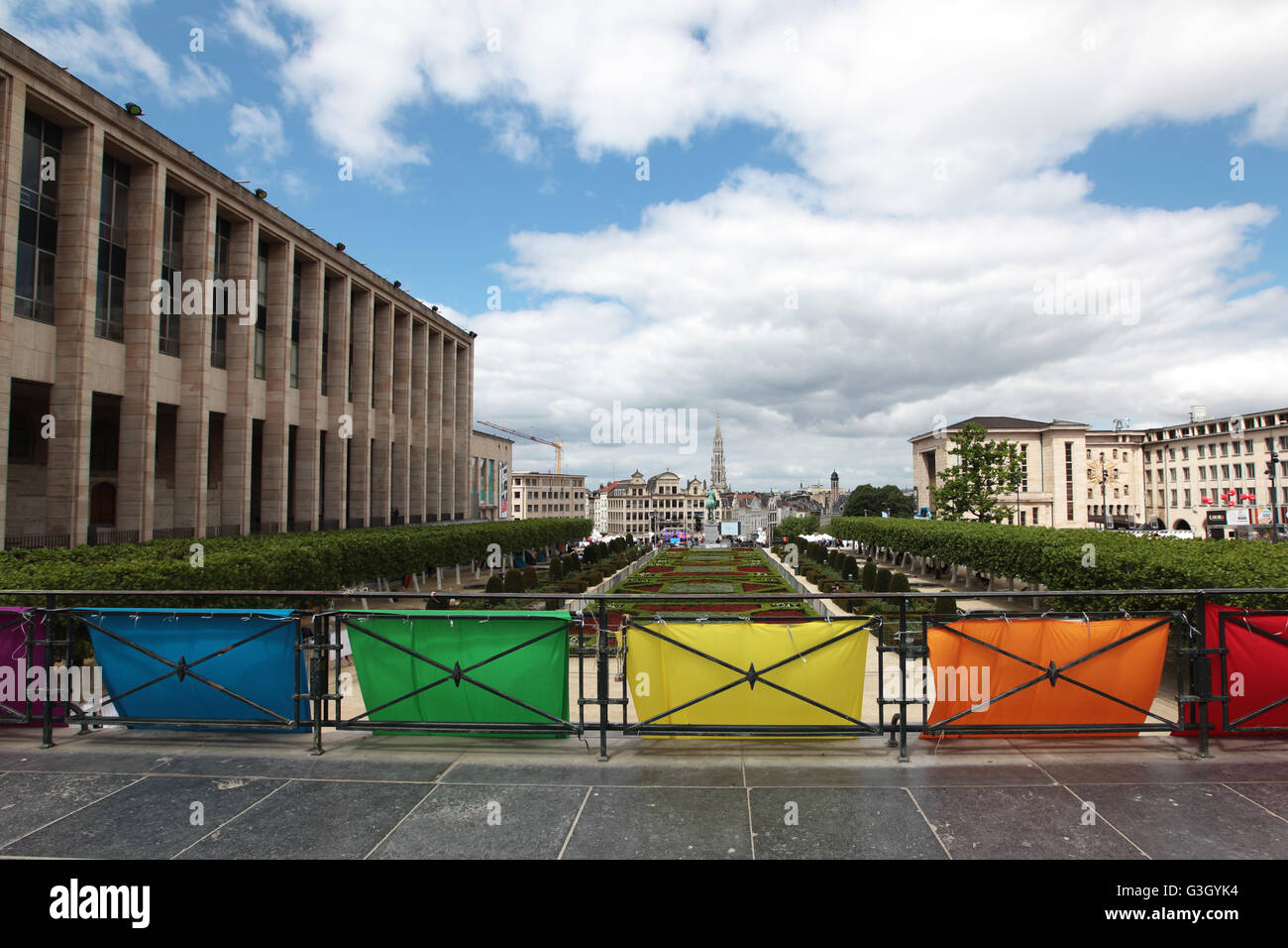 Brussels, Belgium. 14th May, 2016. Giant rainbow banner hang in Mont Des Arts. Thousands of