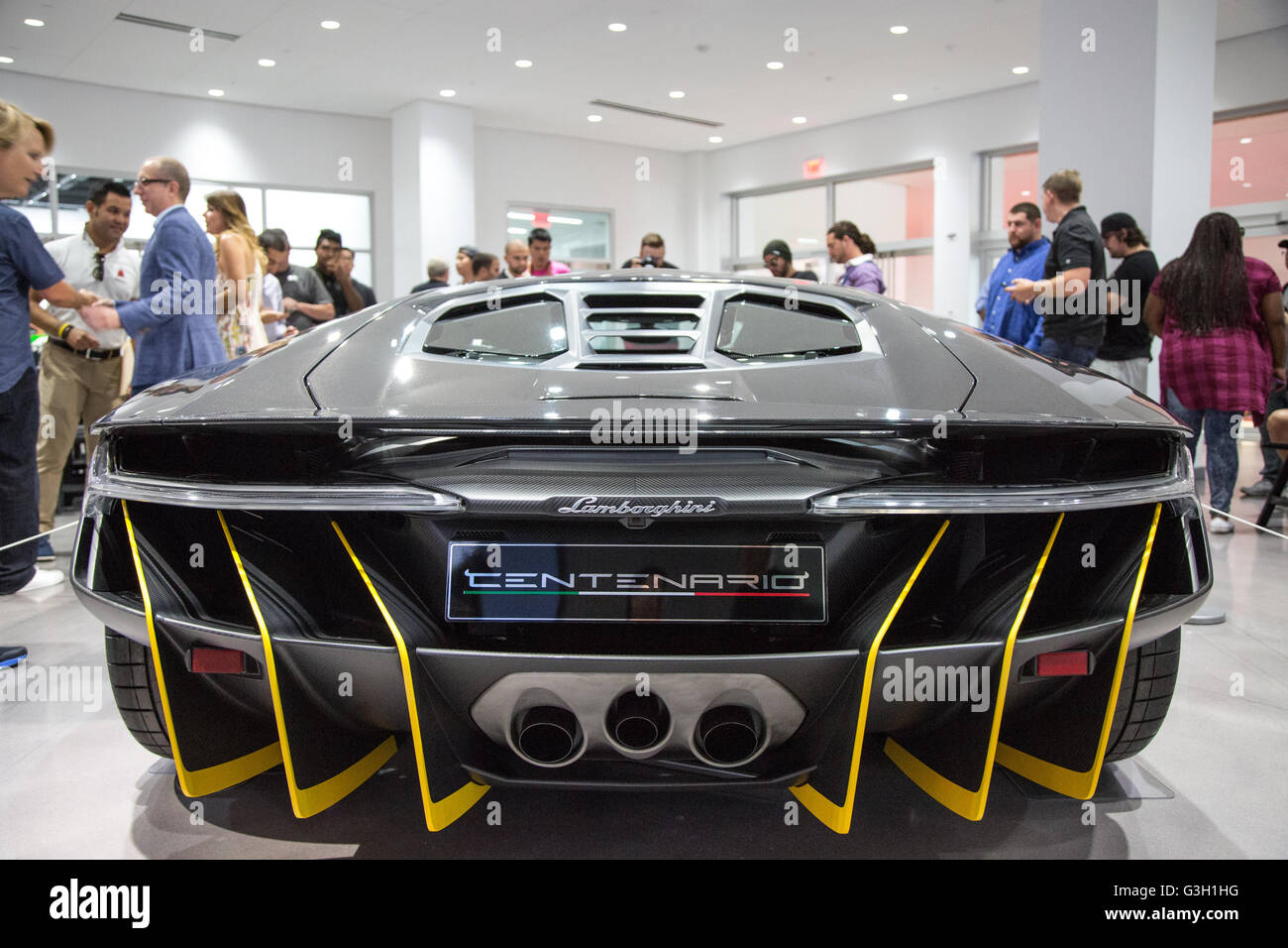 Los Angeles, California, USA. 11th June, 2016. Lamborghini presented its limited edition Centenario to the North American market at the Petersen Automotive Museum's 'Lamborghini Cruise-in' event in Los Angeles.  The Centenario features the most powerful engine that Lamborghini has ever manufactured at 770 horsepower and was commissioned in honor of what would have been Ferruccio Lamborghini’s 100th birthday. There will be 40 cars manufactured at a price of $2 million USD each.  Credit:  Sheri Determan / Alamy Live News Stock Photo