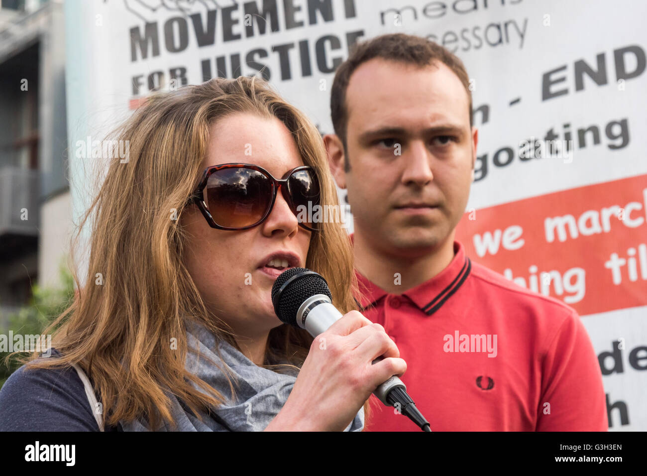 London, UK. June 24th 2016. Annie Cohen from the radical Jewish diaspora group Jewdas speaks at the rally in Altab Ali Park on the day after the UK voted to leave the EU against racism, for migrant rights and against fascist violence. They say that migration and immigrants have been attacked and scapegoated not only by both Remain and Leave campaigns but by mainstream parties and media over more than 20 years, stoking up hatred by insisting immigrants are a 'problem'.Peter Marshall/Alamy Live News Stock Photo