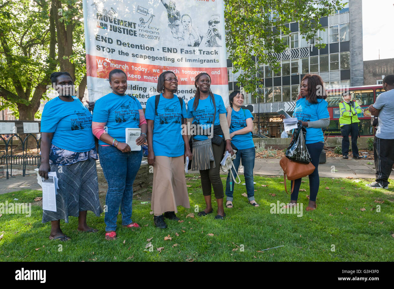 London, UK. June 24th 2016. MOvement for Justice activists with banner at the rally in Altab Ali Park on the day after the UK voted to leave the EU against racism, for migrant rights and against fascist violence. They say that migration and immigrants have been attacked and scapegoated not only by both Remain and Leave campaigns but by mainstream parties and media over more than 20 years, stoking up hatred by insisting immigrants are a 'problem'.Peter Marshall/Alamy Live News Stock Photo