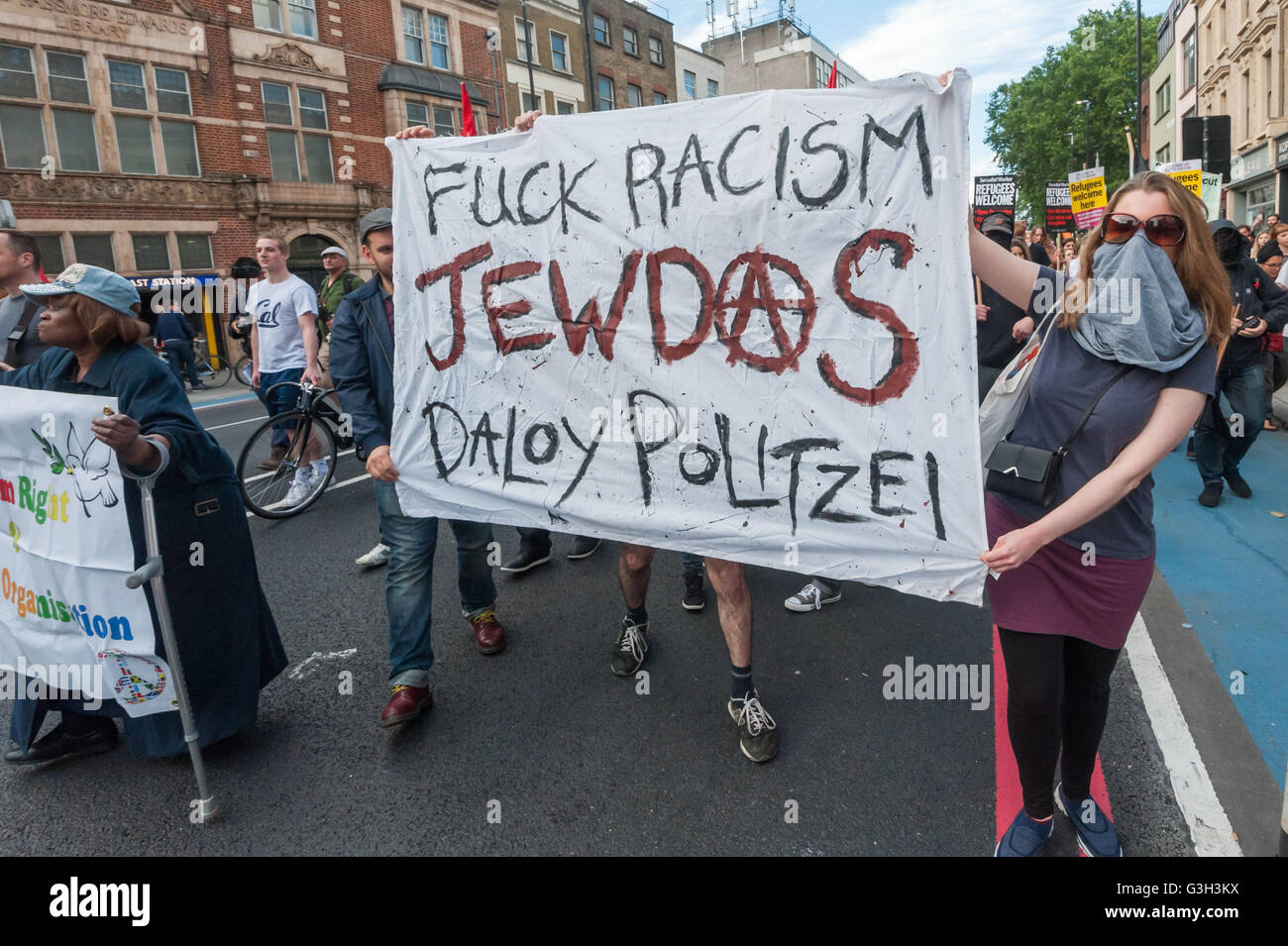 London, UK. June 24th 2016. After a rally in Altab Ali Park, well over a thousand protesters set off on a long march to the offices of News International on the day after the UK voted to leave the EU. They were protesting against racism, for migrant rights and against fascist violence and argue that migration and immigrants have been attacked and scapegoated not only by both Remain and Leave campaigns but by mainstream parties and media over more than 20 years, stoking up hatred by insisting immigrants are a 'problem'.  Among groups at the front of the march was  radical Jewish diaspora group  Stock Photo