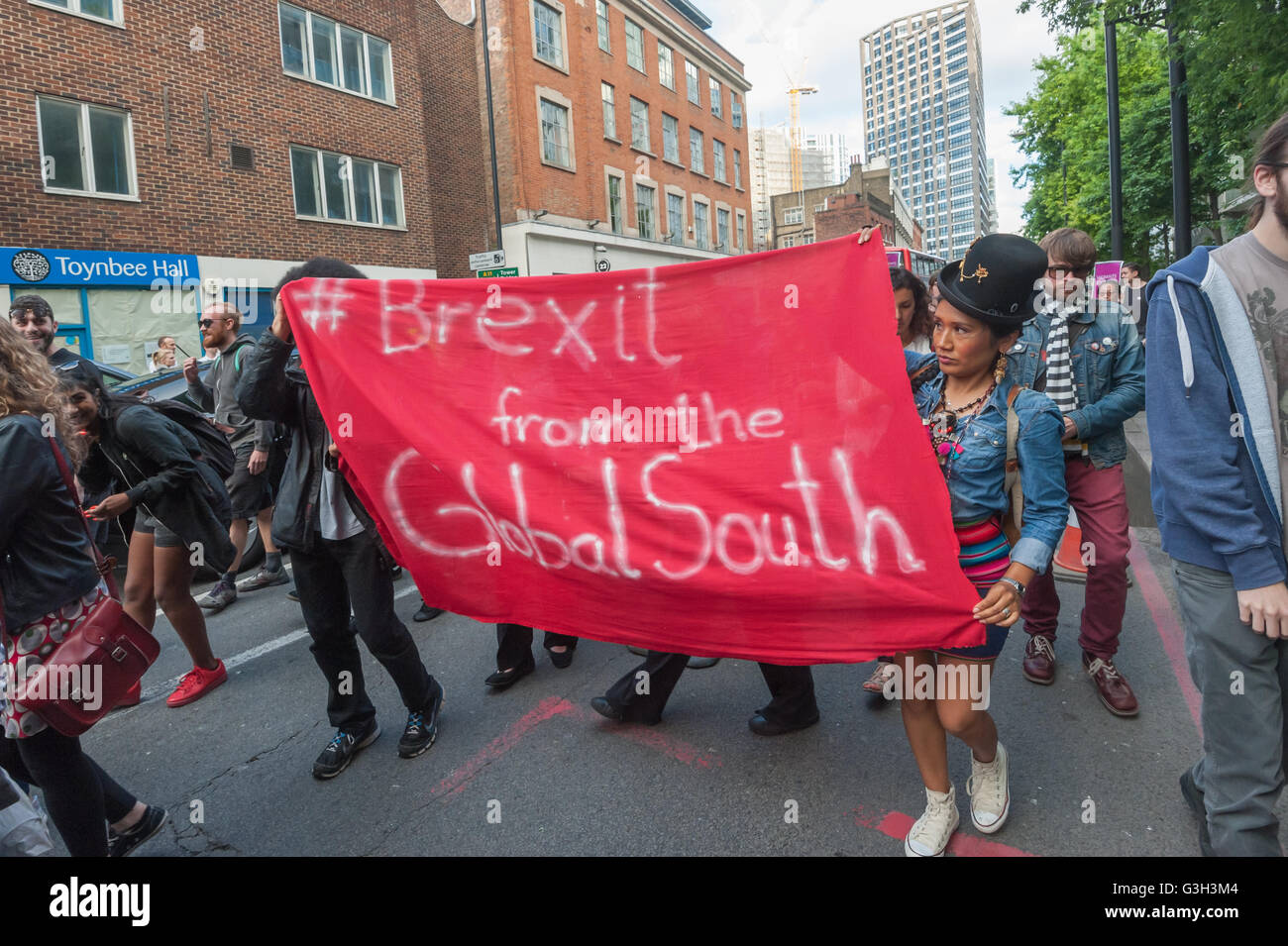 London, UK. June 24th 2016. Protesters, including two carrying a banner '#Brexit from the Global South', march from the rally in Altab Ali Park to the offices of News International on the day after the UK voted to leave the EU. They were protesting against racism, for migrant rights and against fascist violence and argue that migration and immigrants have been attacked and scapegoated not only by both Remain and Leave campaigns but by mainstream parties and media over more than 20 years, stoking up hatred by insisting immigrants are a 'problem'. Peter Marshall/Alamy Live News Stock Photo