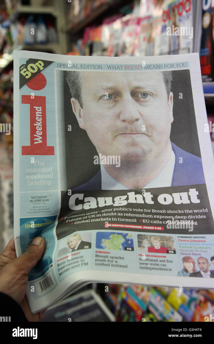 London, UK 25 June 2016 - i Weekend newspaper's headline the morning after the British EU Referendum results and David Cameron's resignation. Credit:  Dinendra Haria/Alamy Live News Stock Photo