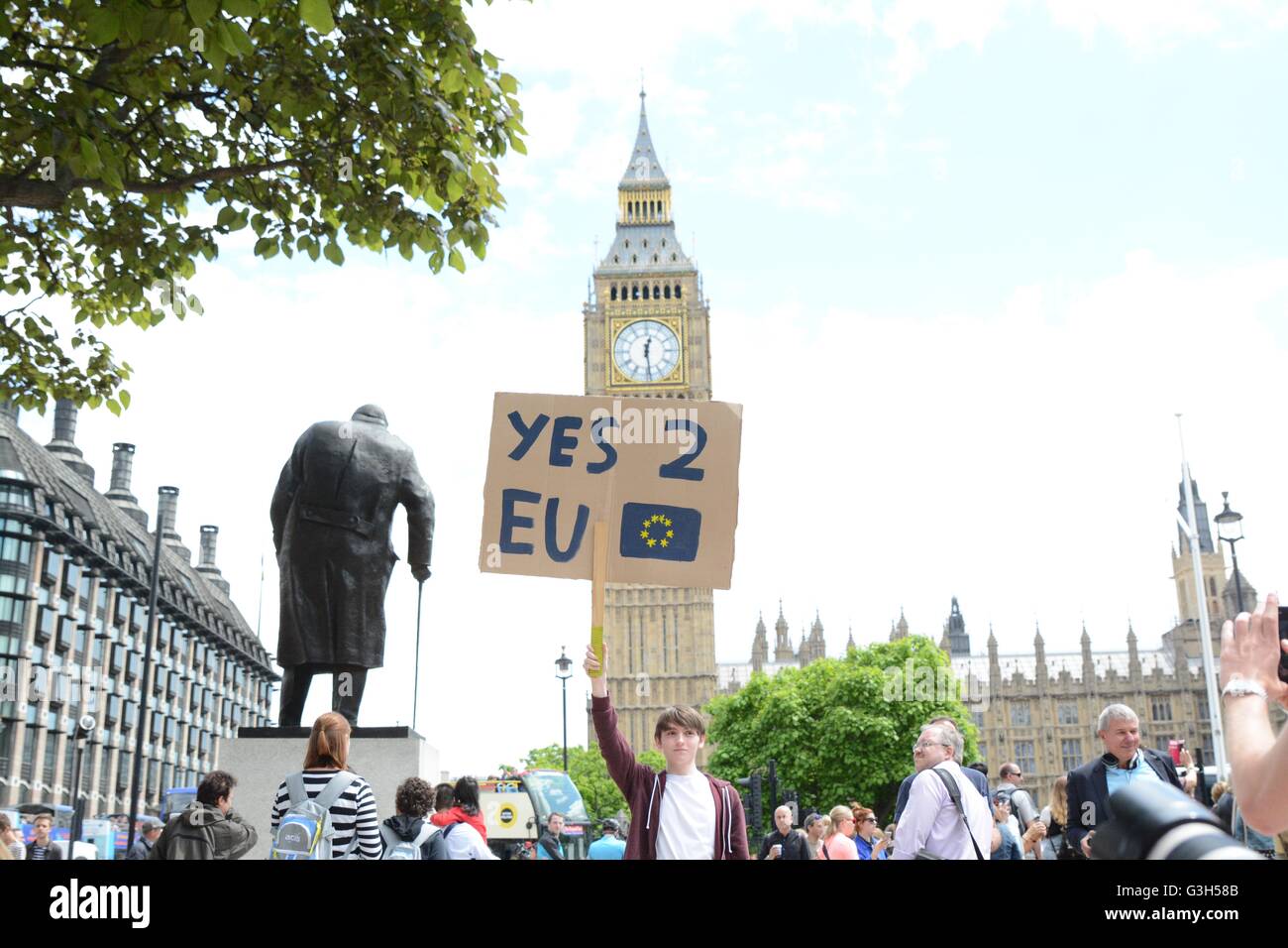 London, UK. 25th June 2016. Protester holds a placardb by the statue to Winson Churchill and in front of Big Ben saying 'Yes 2 EU'. Credit: Marc Ward/Alamy Live News Stock Photo