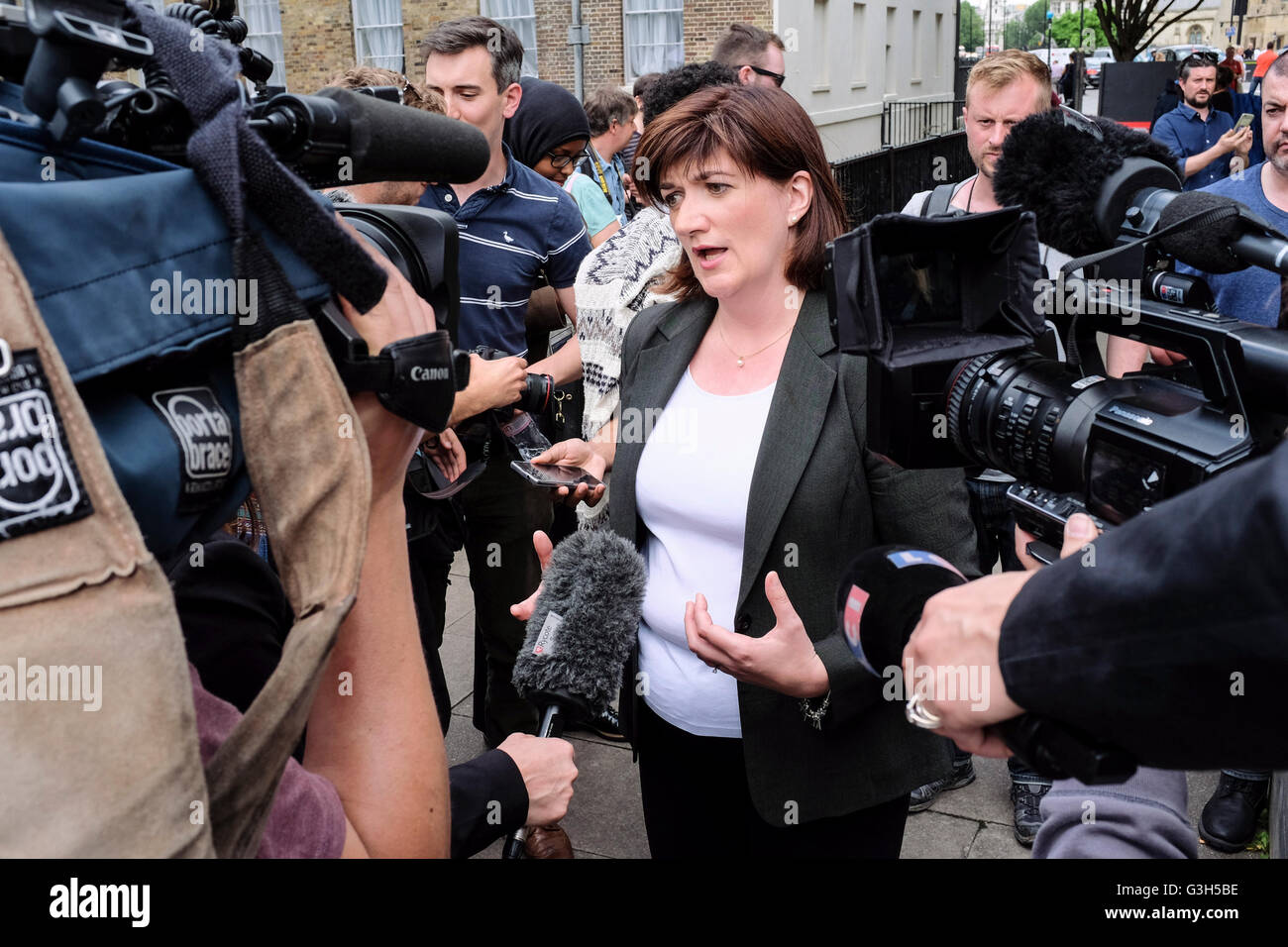 Nicky Morgan, Conservative MP and Secretary of State for Education addresses the media in Westminster, London. Stock Photo
