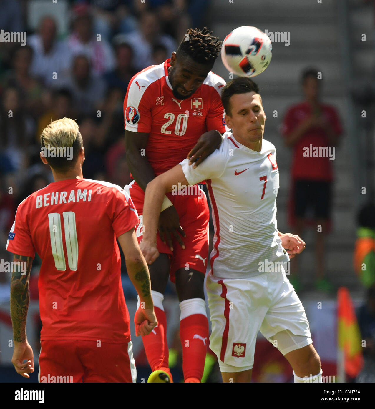 Saint-Etienne, France. 25th June, 2016. Switzerland's Johan Djourou (Top) competes during the Euro 2016 round of sixteen football match between Switzerland and Poland in Saint-Etienne on June 25, 2016. Credit:  Xinhua/Alamy Live News Stock Photo