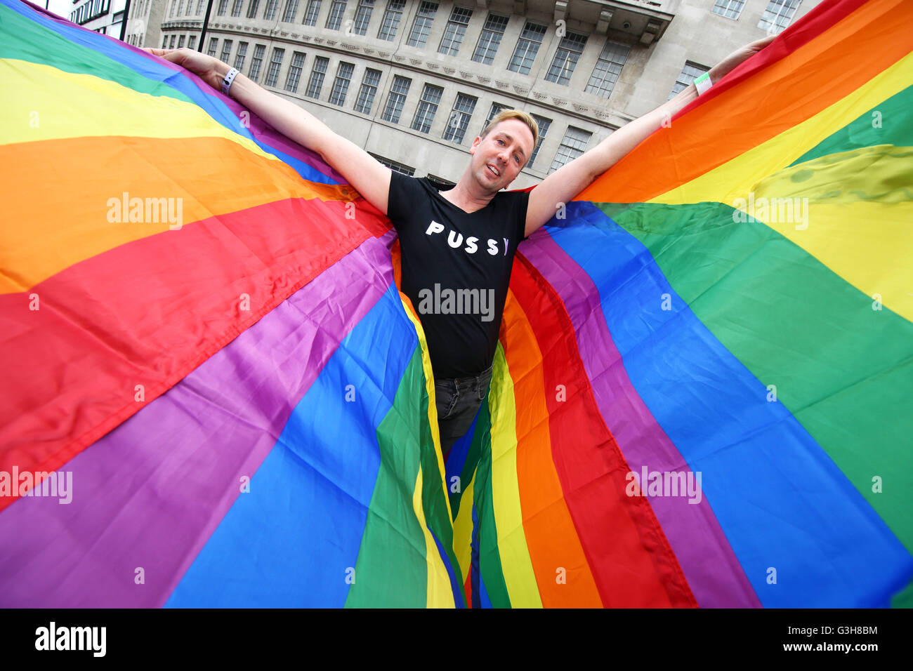 London, UK. 25th June 2016. Participant with rainbow flag wings at the Pride London Parade in London where the theme is #nofilter Credit:  Paul Brown/Alamy Live News Stock Photo