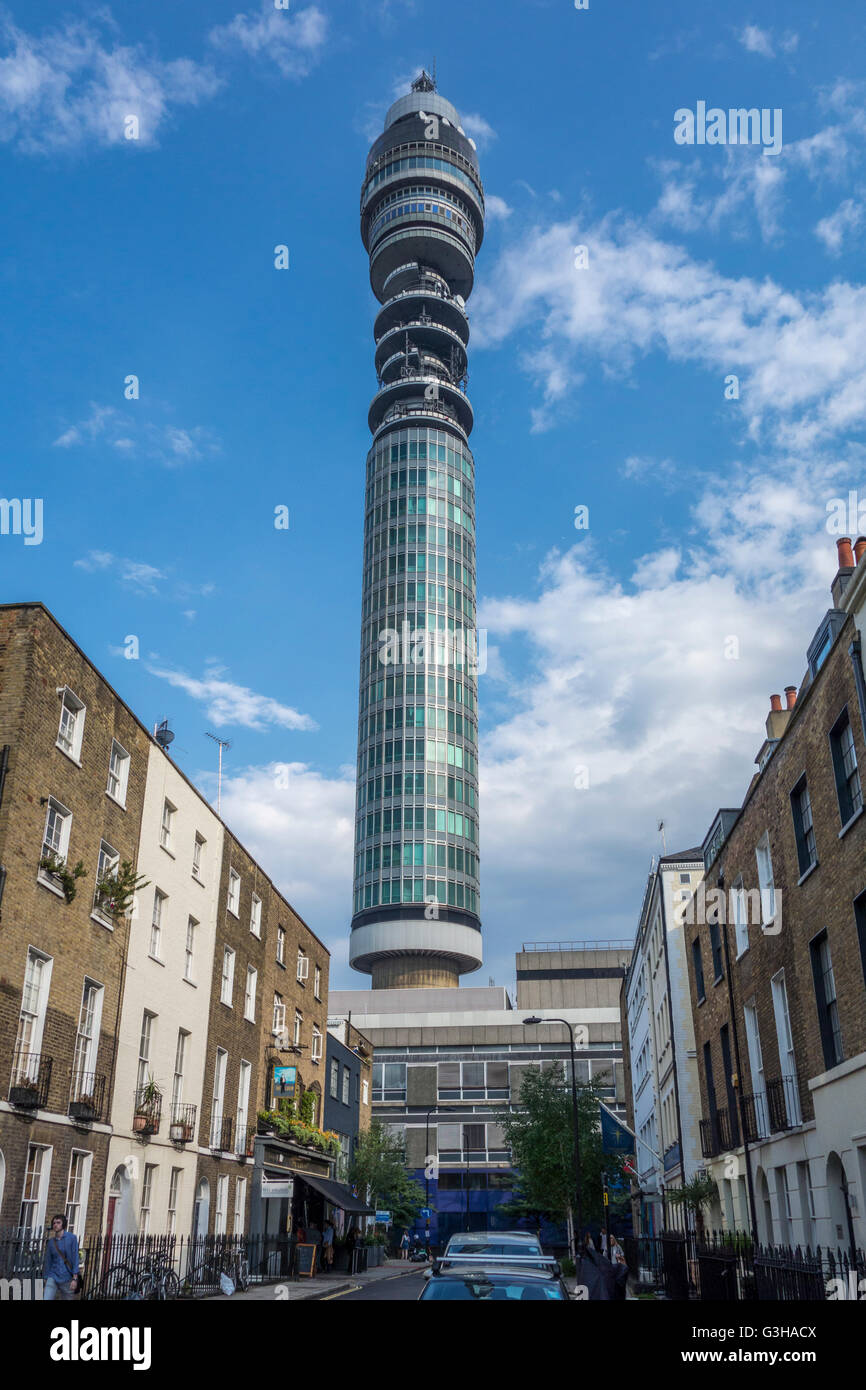View of the BT Tower from Conway Street, Fitzrovia, London, UK Stock Photo