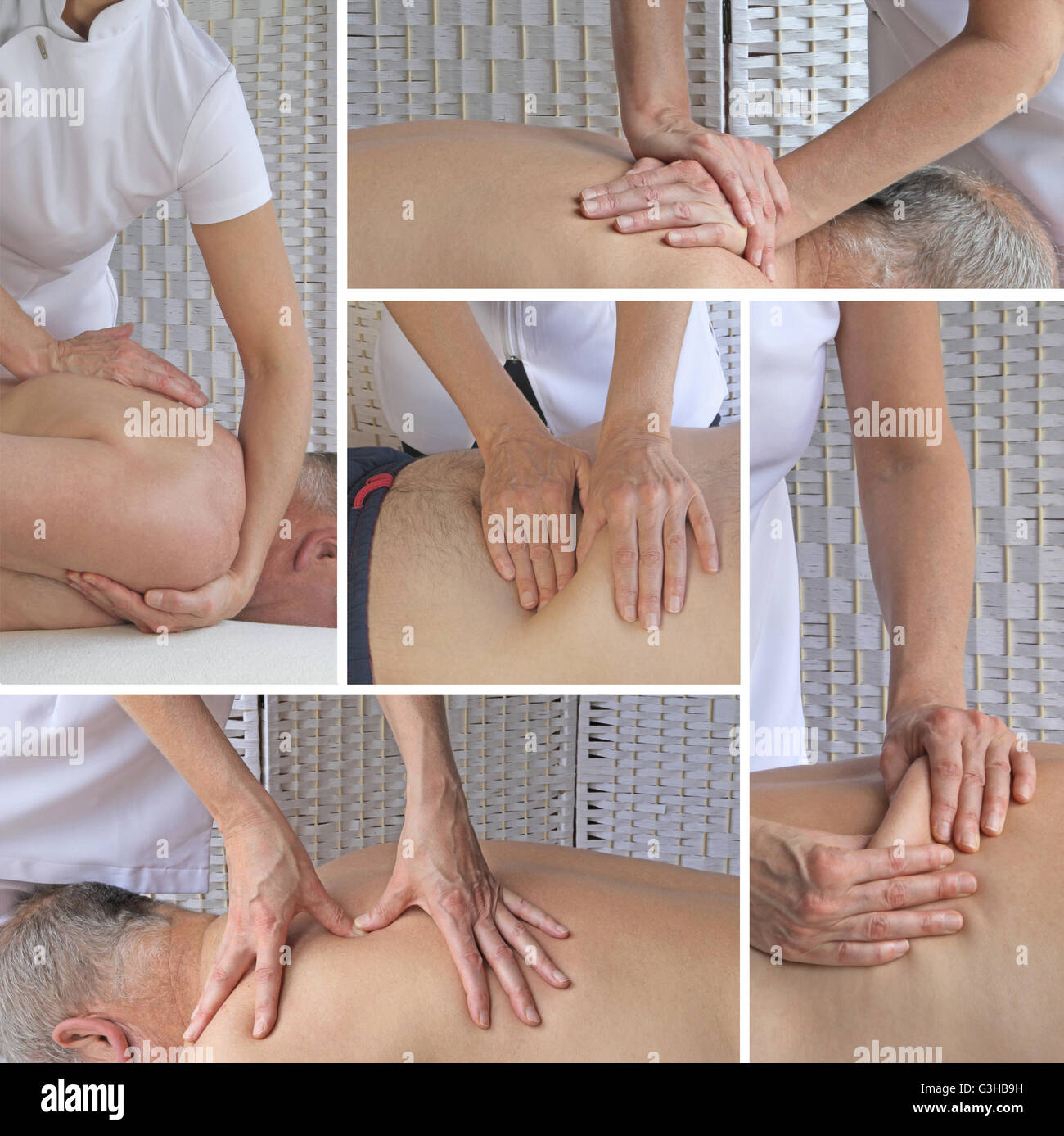 Five different views of a sports massage therapist using different massage techniques on male client Stock Photo