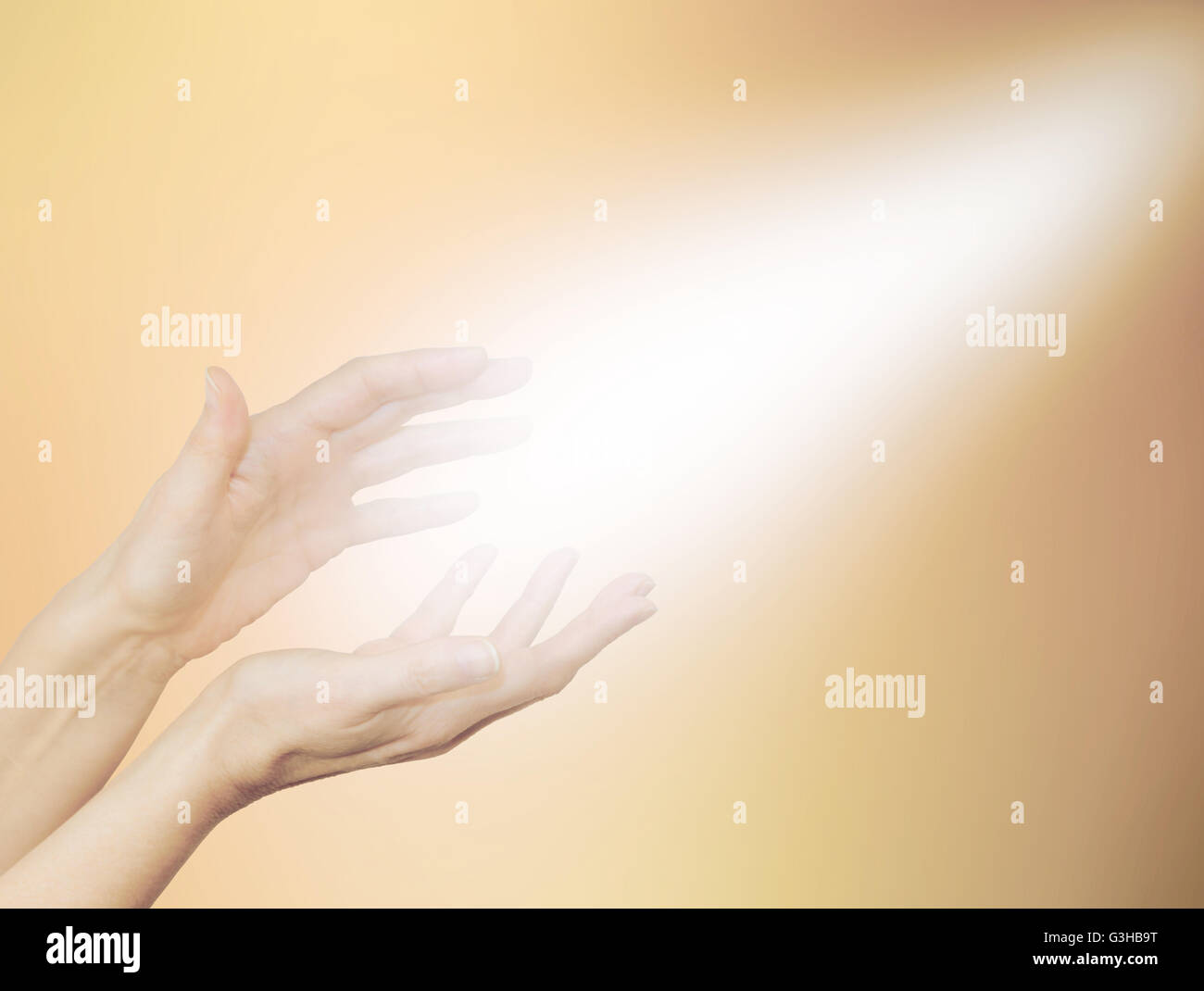 Female healing hands outstretched with bright shaft of light beaming out and up on a pale golden background Stock Photo