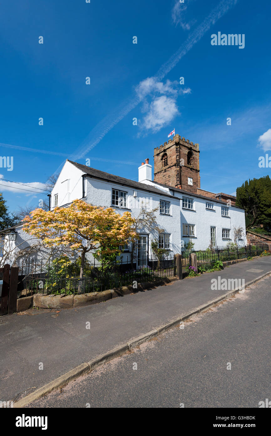 St Peter's Church & White Cottage in spring, Little Budworth, Cheshire