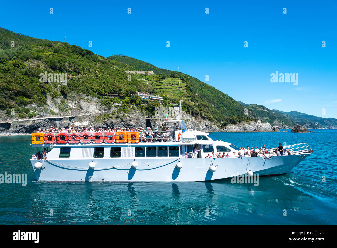 Cinque Terre, Italy- May 21, 2016: tourists travellng from Monterosso al Mare to the other towns in Liguria region on May 21, 20 Stock Photo