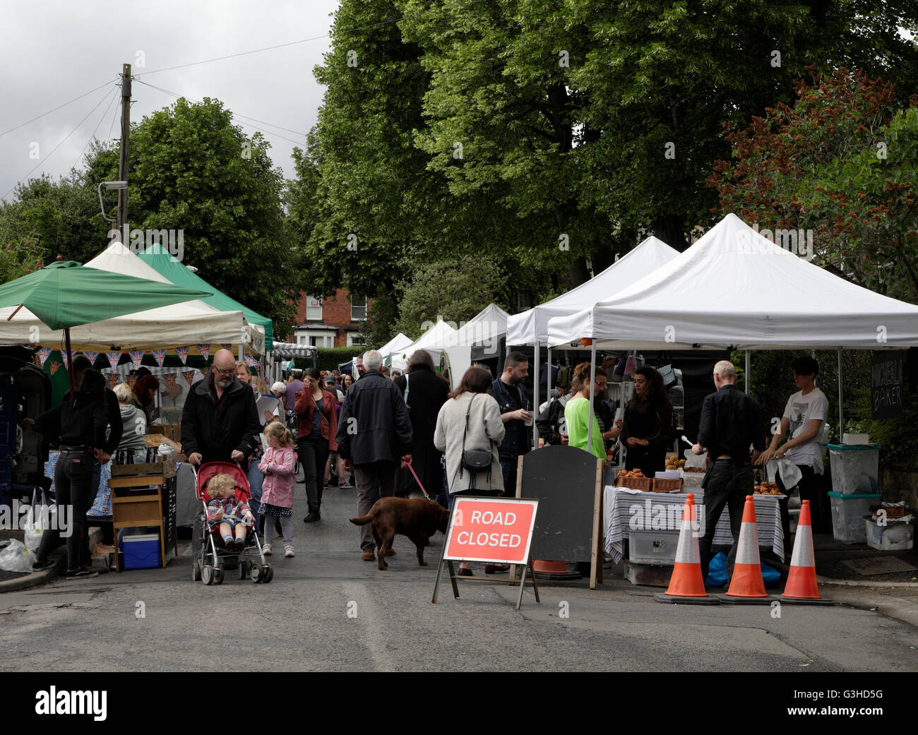 Nether Edge farmers market in Sheffield England June 2016, suburban community event  Road closed Stock Photo