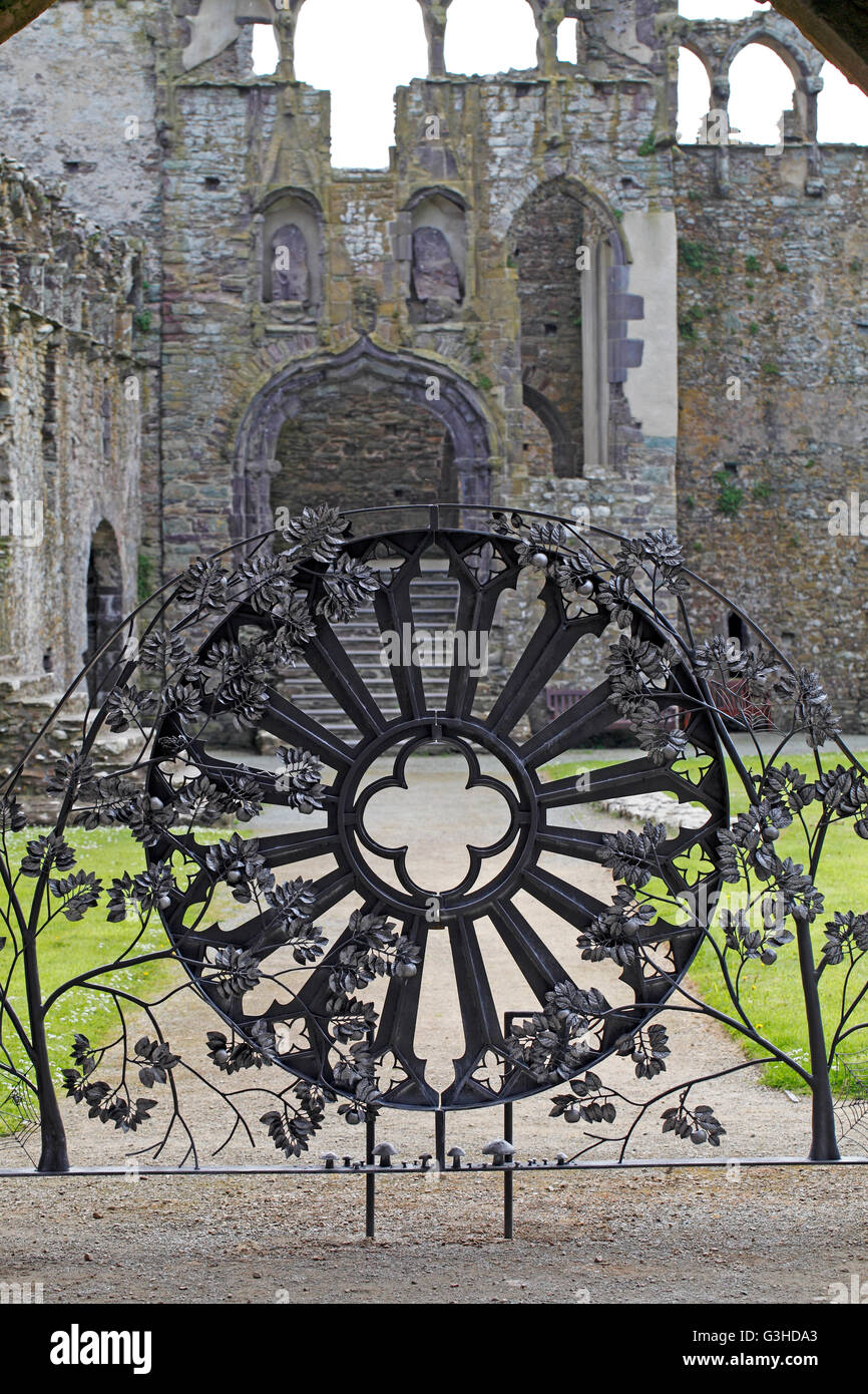 Modern ironwork gates to the Courtyard and East Range, St David's Bishops Palace, Pembrokeshire, West Wales. Medieval. Stock Photo